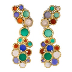 Vintage Mod Style Gold and Multicolored Chalcedony Earrings with Diamond Accents