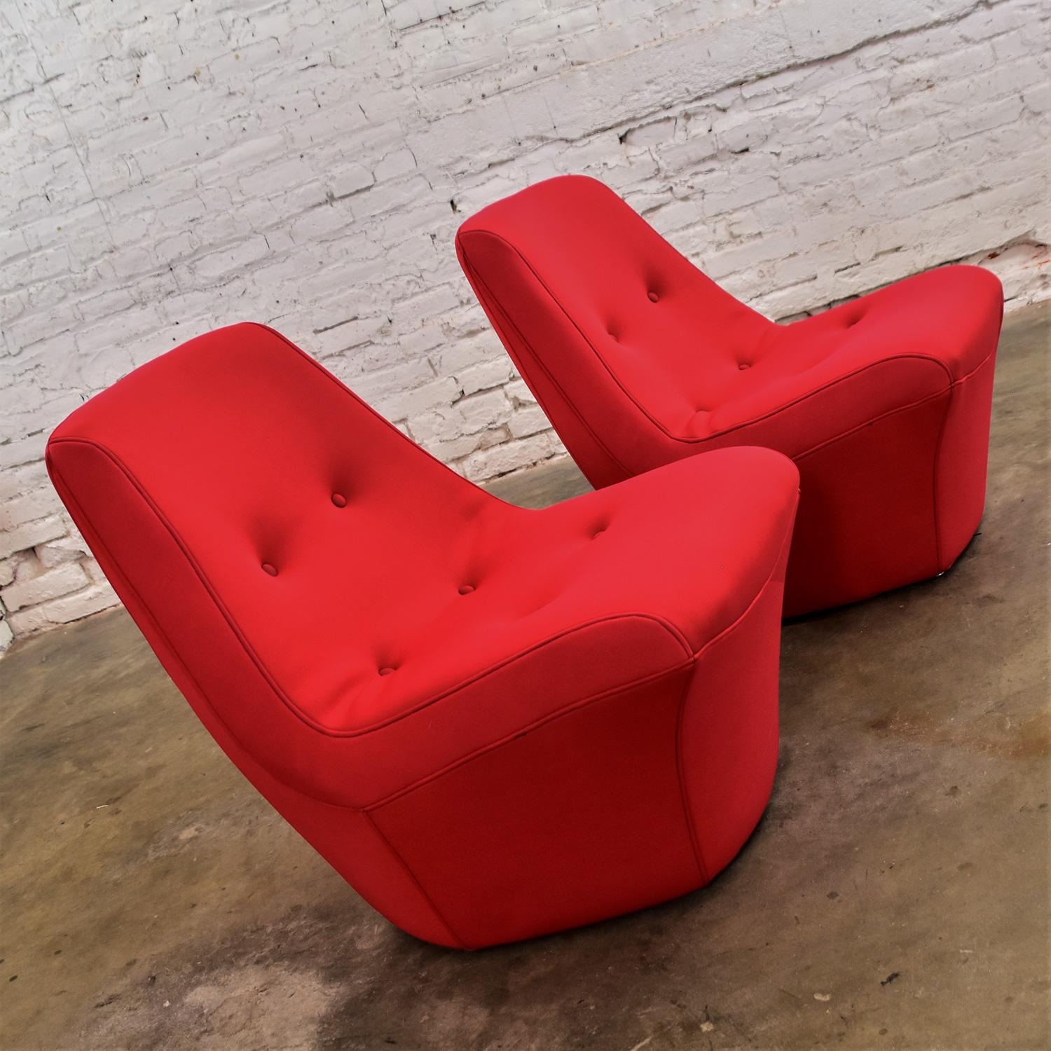Gorgeous Mod Style Mid-Century Modern red neoprene fabric slipper chairs with button detail by Founders Furniture. Beautiful condition, keeping in mind that these are vintage and not new so will have signs of use and wear. This piece has been