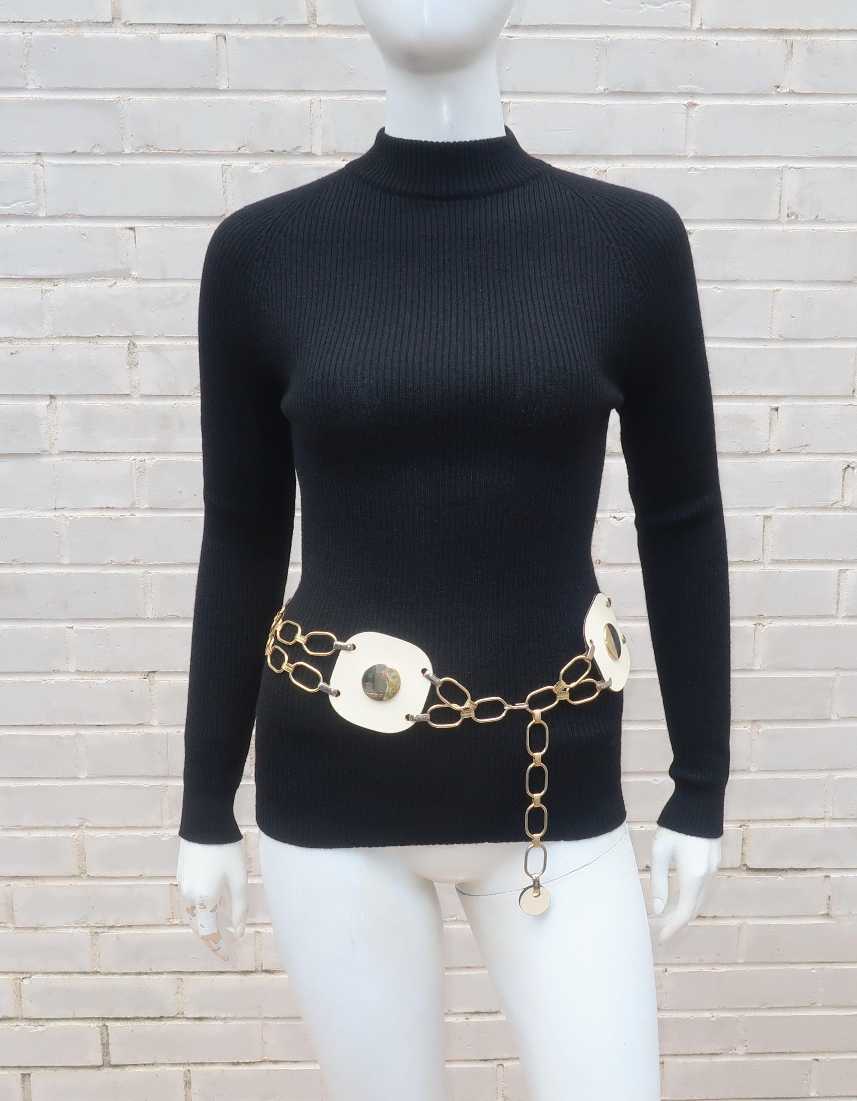 Mod White Leather Hip Hugger Chain Belt, 1960's 3