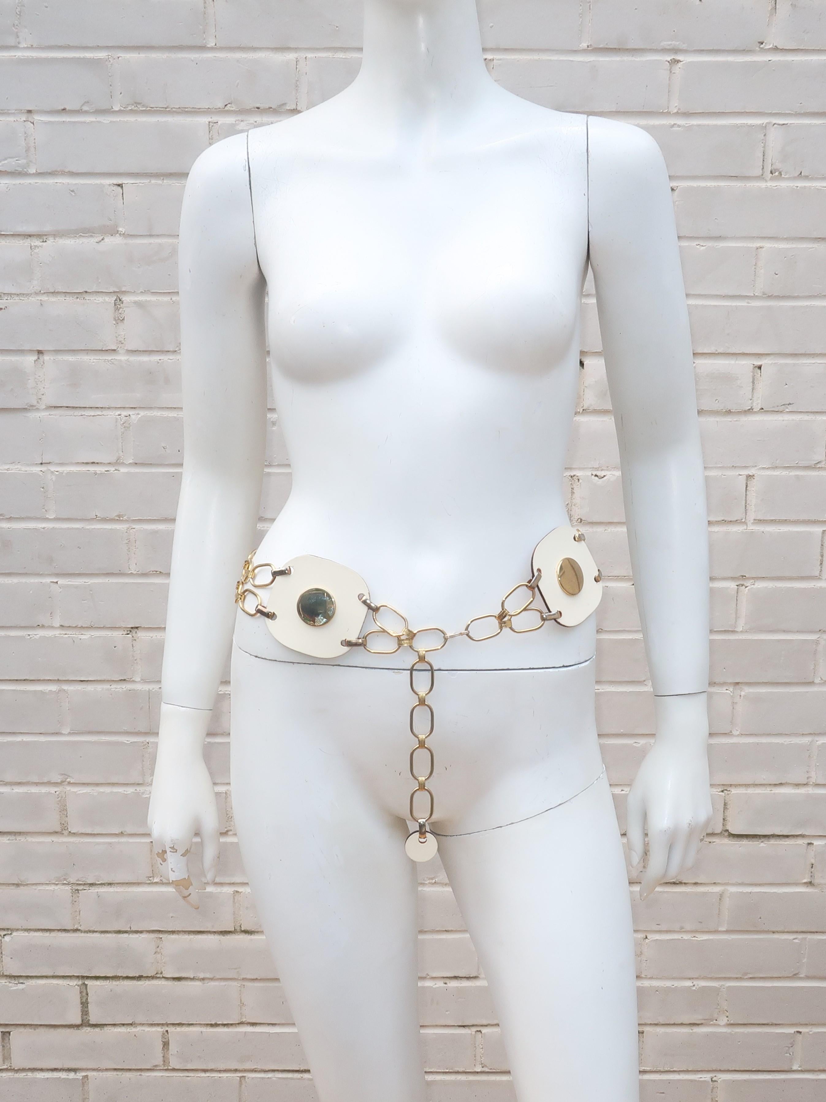 Mod White Leather Hip Hugger Chain Belt, 1960's 4