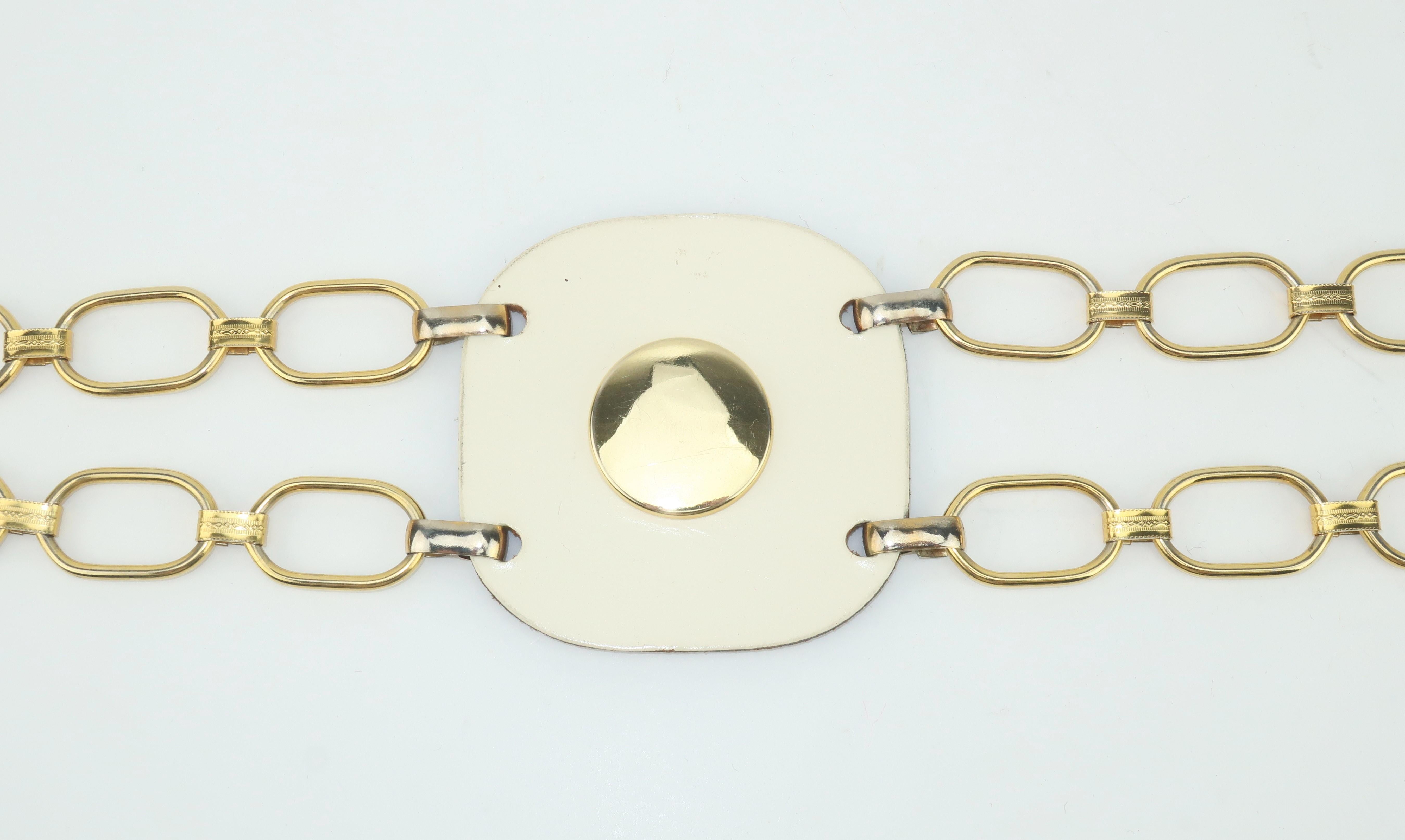 Mod Weiß Leder Hip Hugger Kette Gürtel:: 1960er Jahre Damen