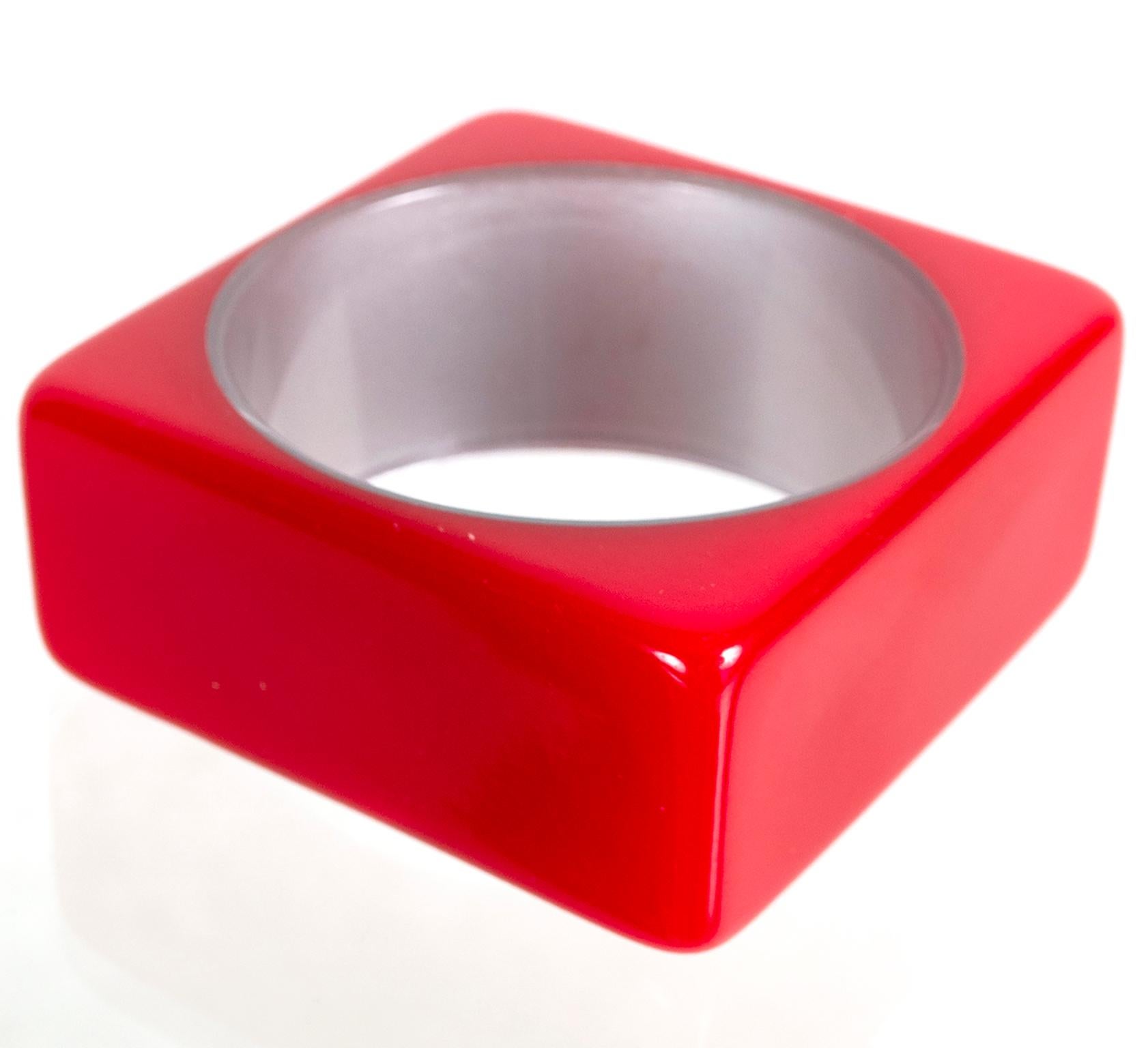Modern Mod Wide Fire Engine Red Geometric Square Lucite Bangle Bracelet, 1960s For Sale