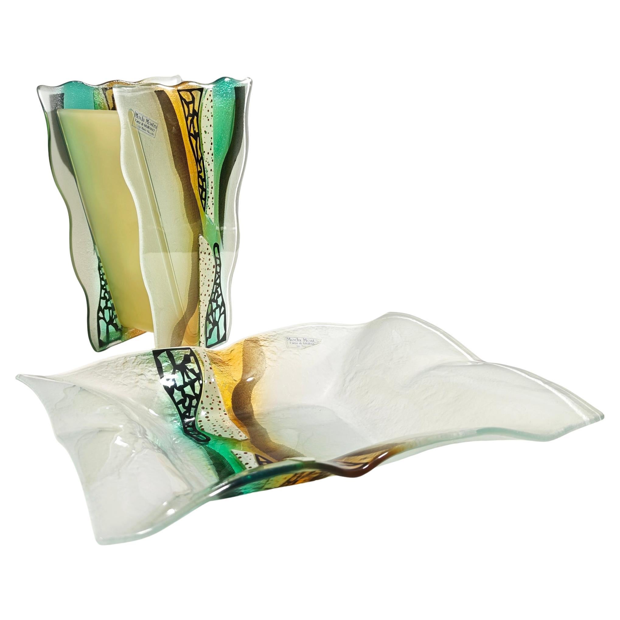 Moda Mostra Vase and Centerpiece Set by Bizzotti Art Murano Glass Italy 80s For Sale