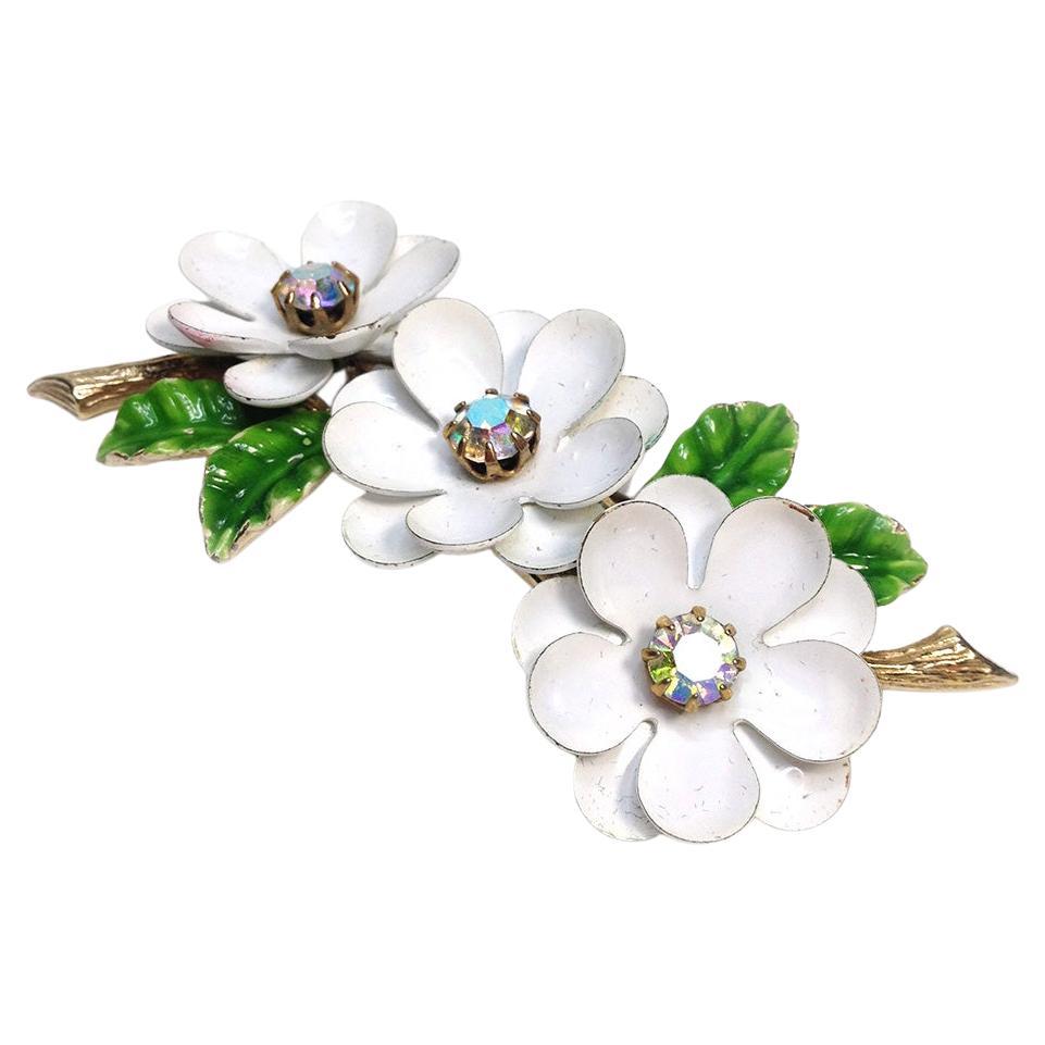 Signed ART White Enameled Flower Brooch