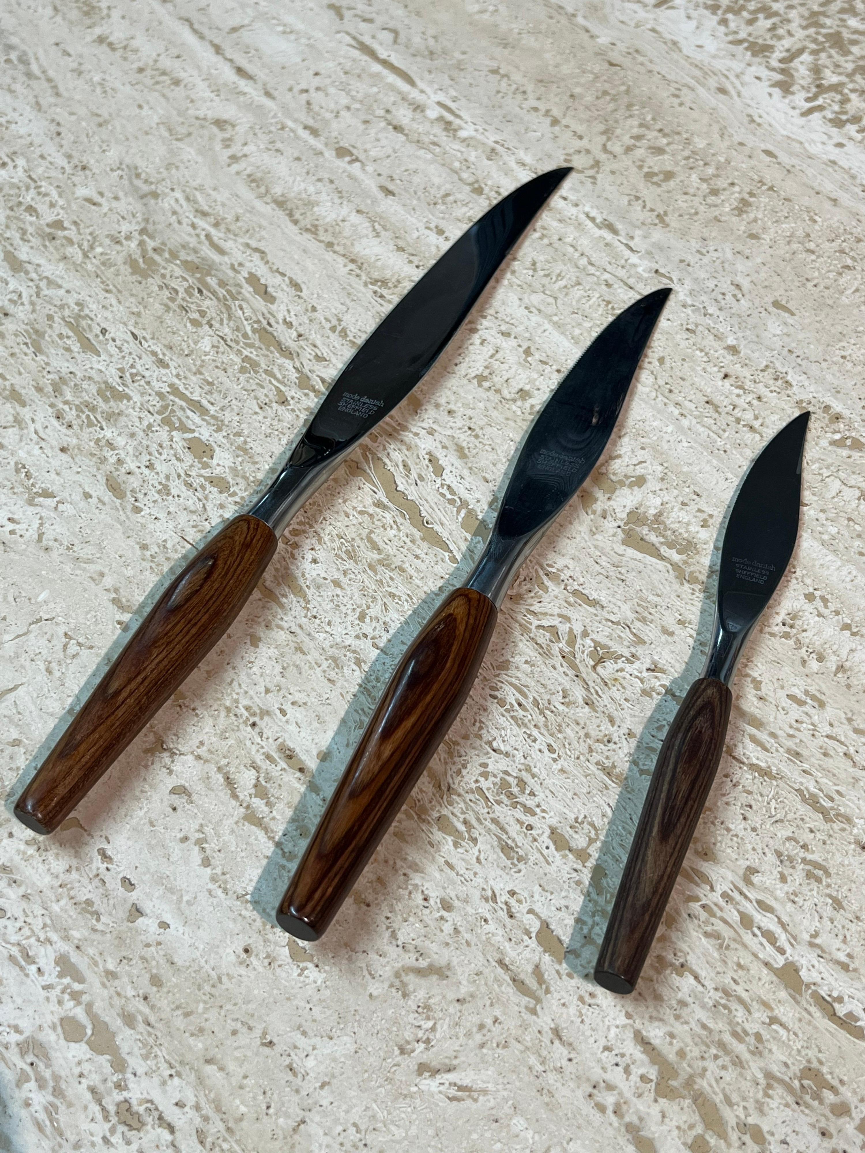 20th Century Mode Danish Rosewood and Stainless Steel Knives by Sheffield, Set of Three For Sale