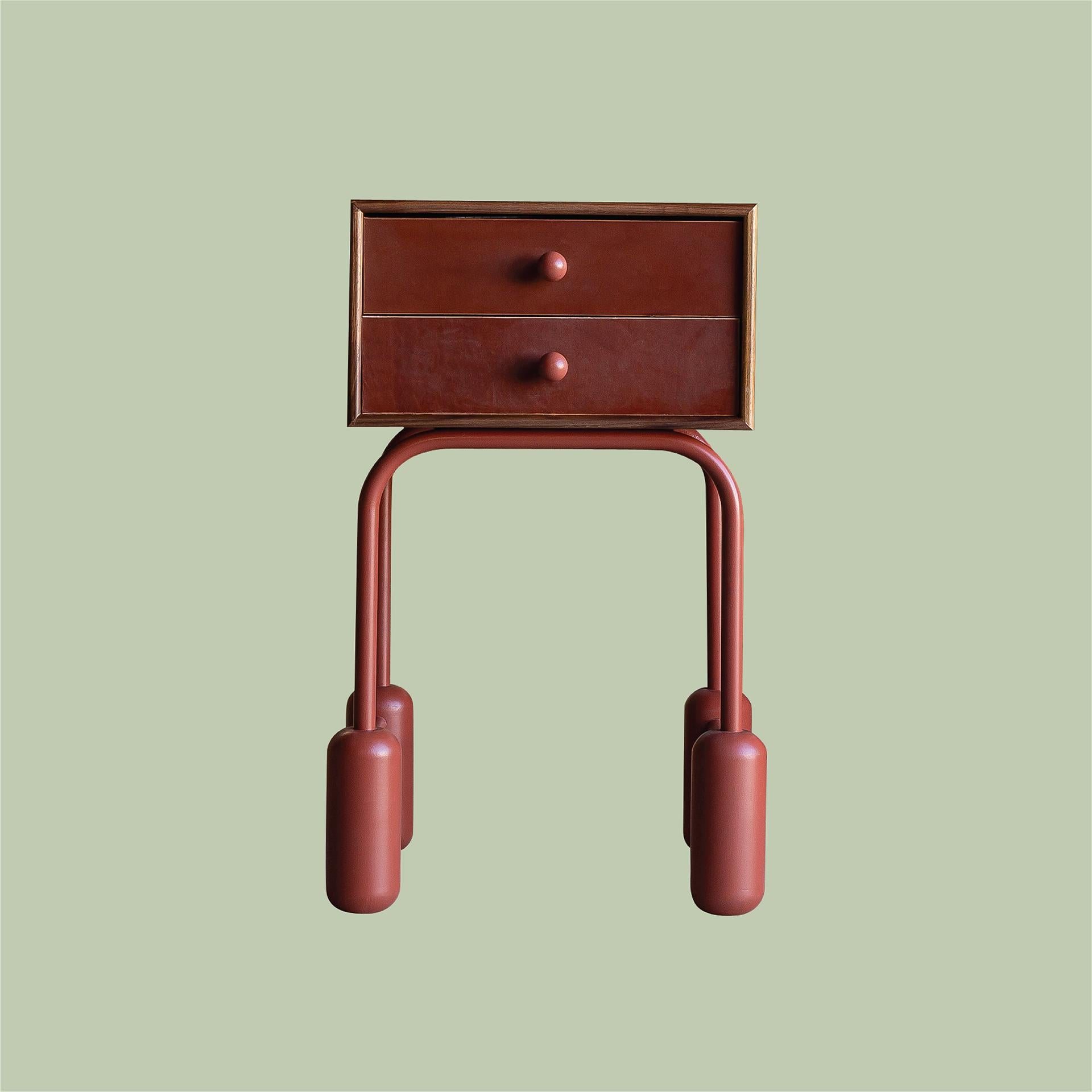 Model 01 has a fun personality that blends multiple schools of design. Showcasing wood features are complimented with soft leather drawer faces that invite you in for a pleasant tactile greeting . Model 01 stands tall and proud, a stoic sentinel of