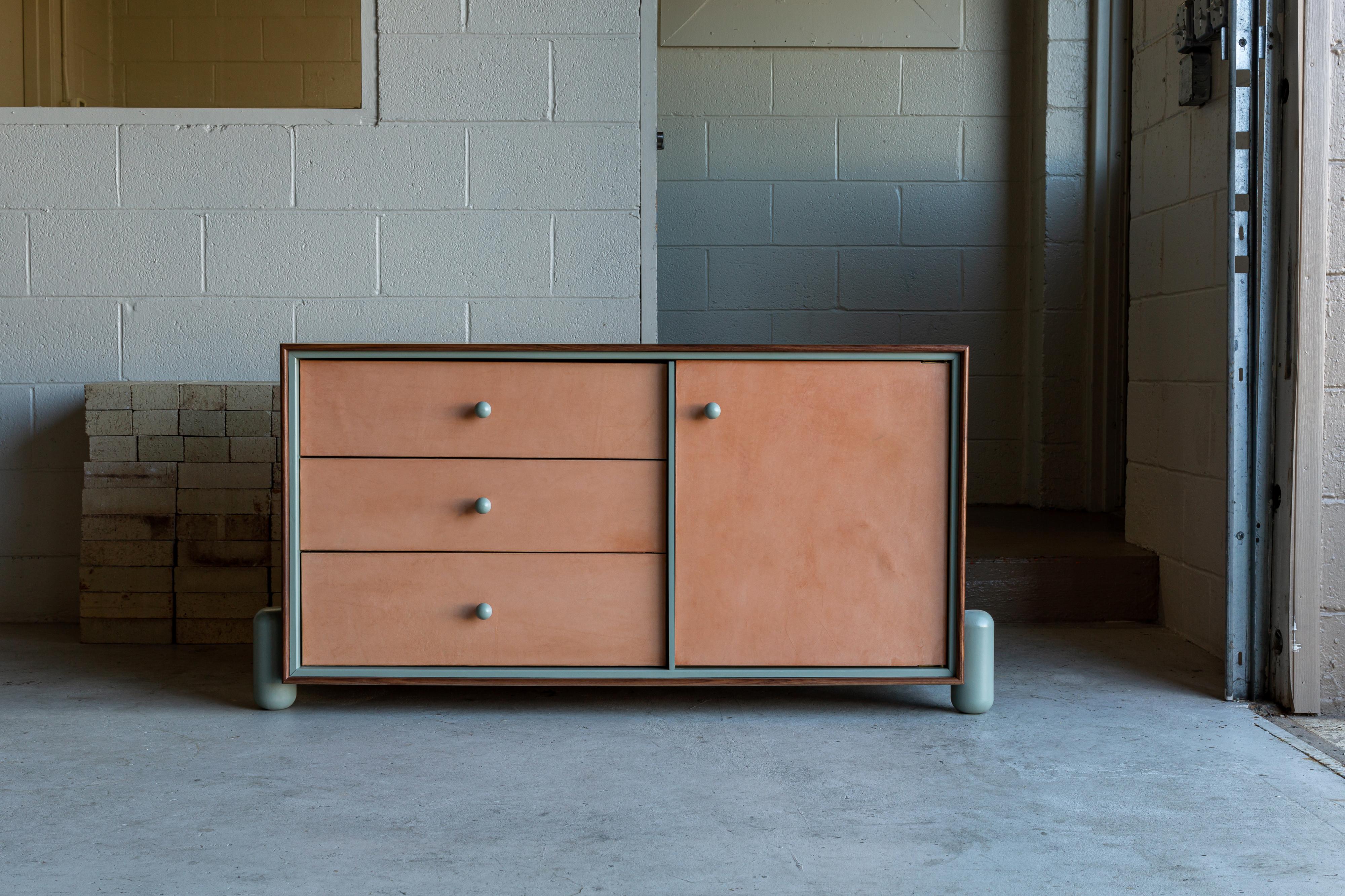 American Model 03 – Modern Solid Wood Dresser Credenza w/ Painted Steel and Leather For Sale