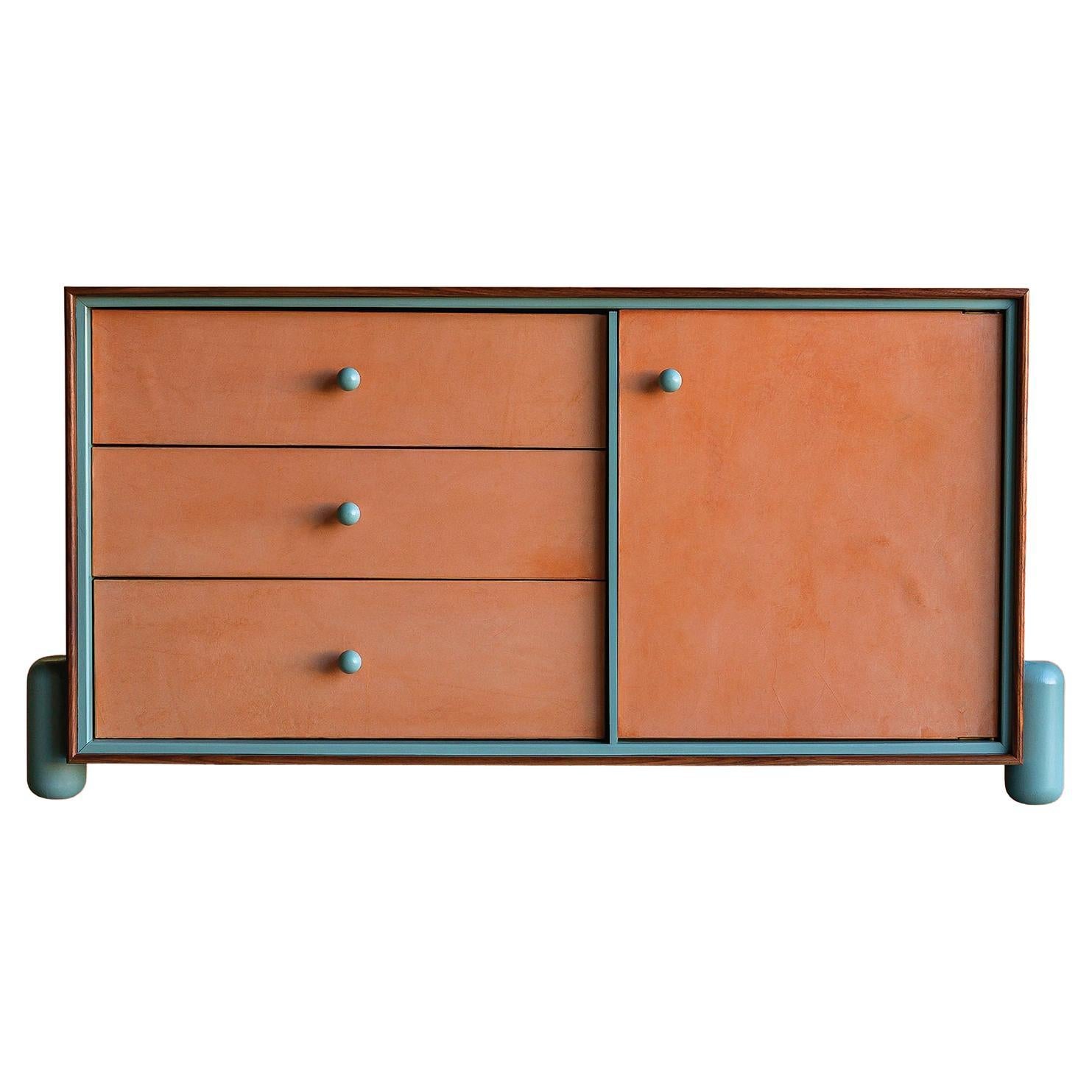 Model 03 – Modern Solid Wood Dresser Credenza w/ Painted Steel and Leather For Sale