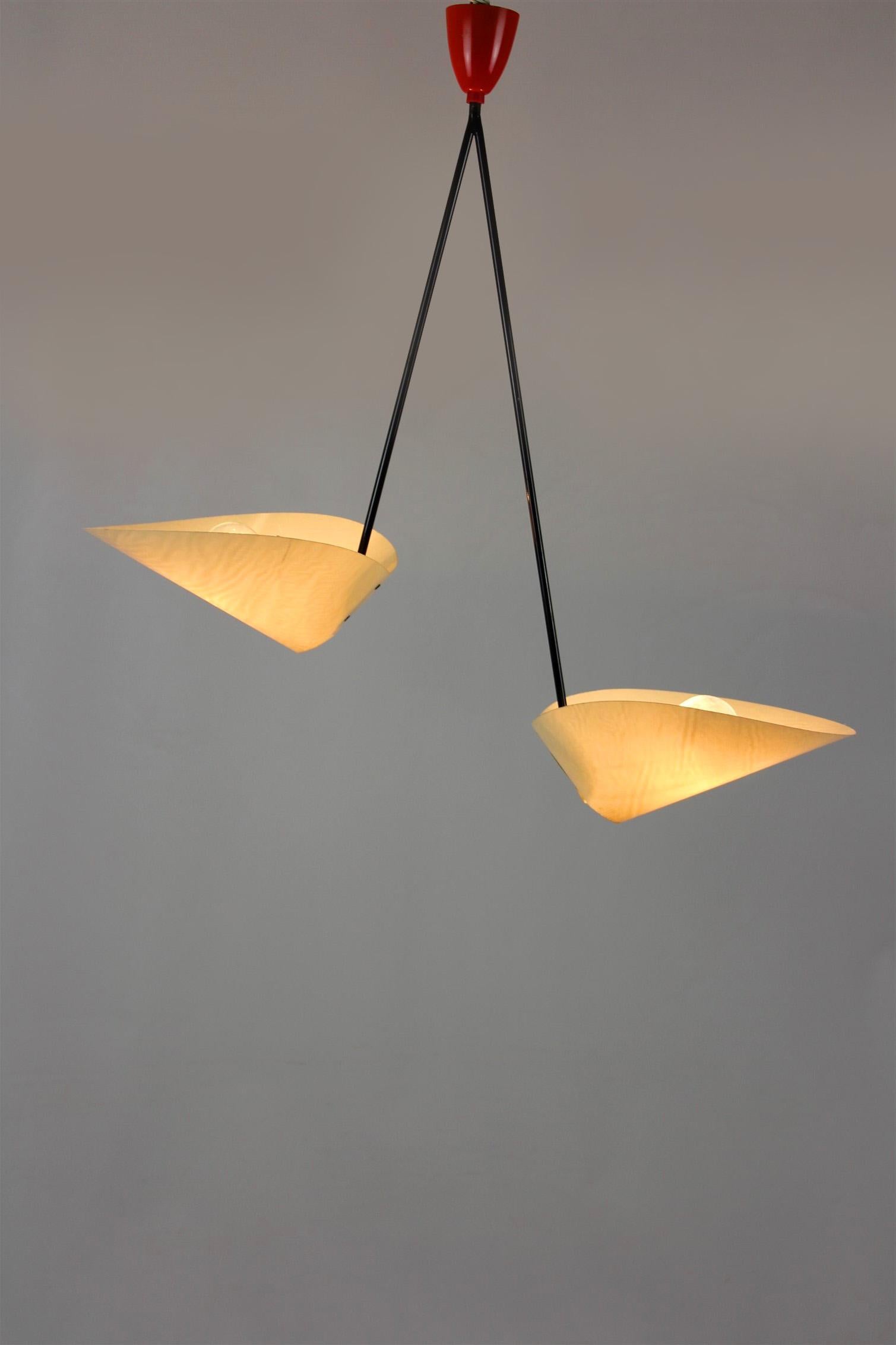 Mid-Century Modern Czech ceiling lamp from the 1960s. Model 1210 designed by Josef Hurka for Napako. Features two fiberglass lampshades, works with E27 bulbs.