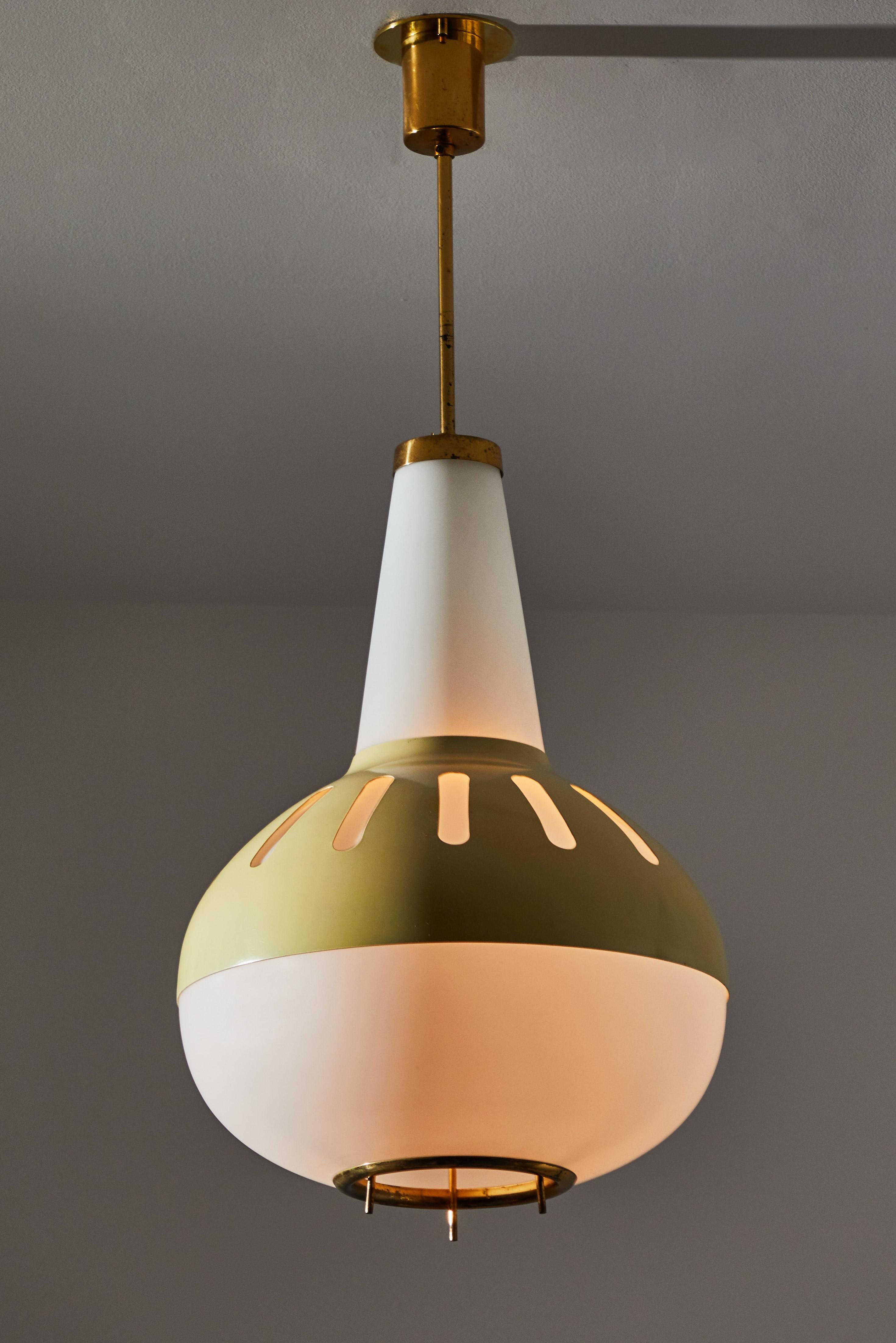 Model 1954 pendant by Max Ingrand for Fontana Arte. Designed and manufactured in Italy, late 1950s. Enameled metal armature with original paint, brass hardware and brushed satin glass diffuser. Rewired for U.S. junction boxes. Custom brass ceiling