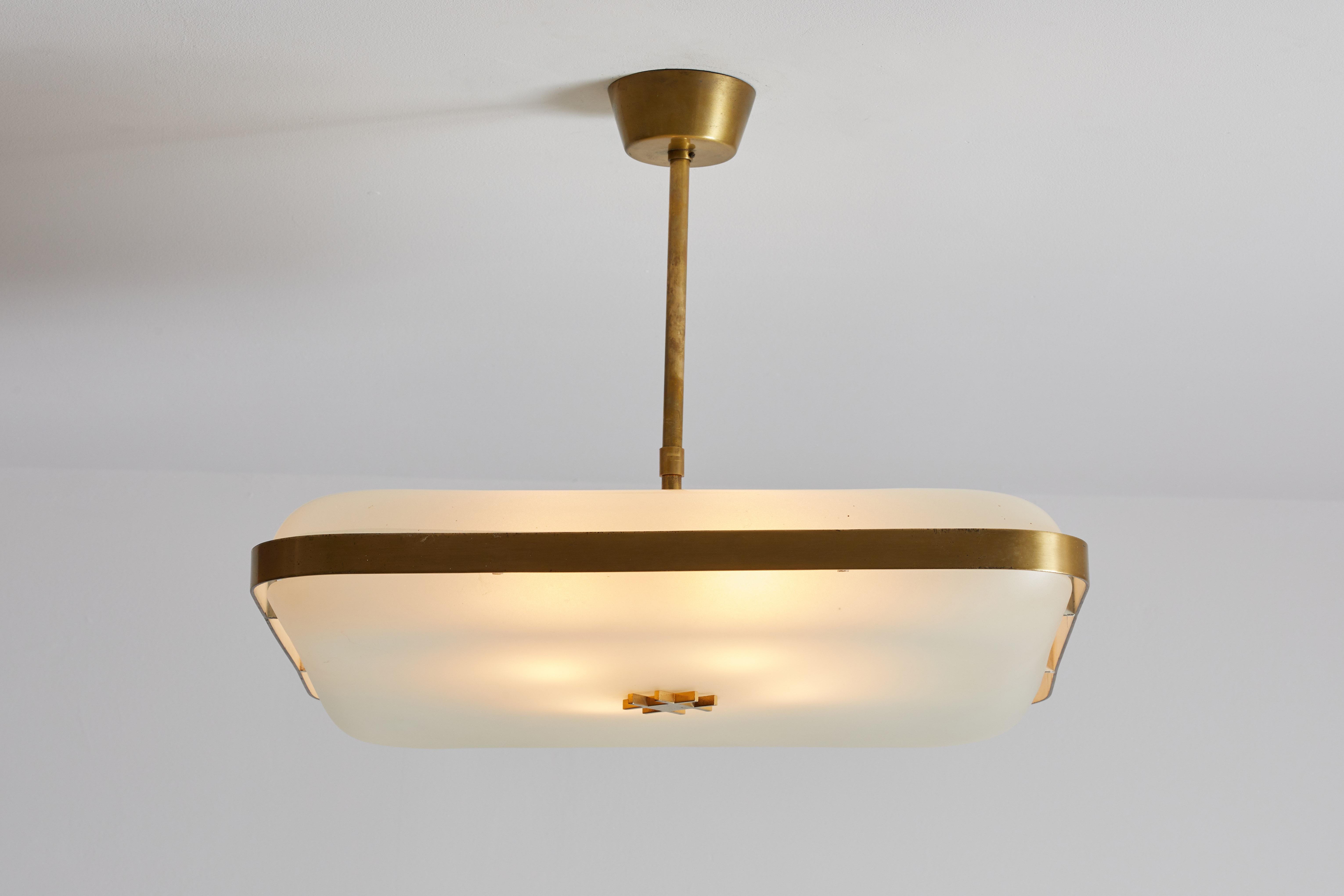 Model 2022 flush mount ceiling light by Max Ingrand for Fontana Arte. Designed and manufactured in Italy, circa 1960s. Satin glass with brushed brass hardware. Takes four E27 40w maximum bulbs. Literature: Quaderno Fontana Arte n. 1, p. 12.