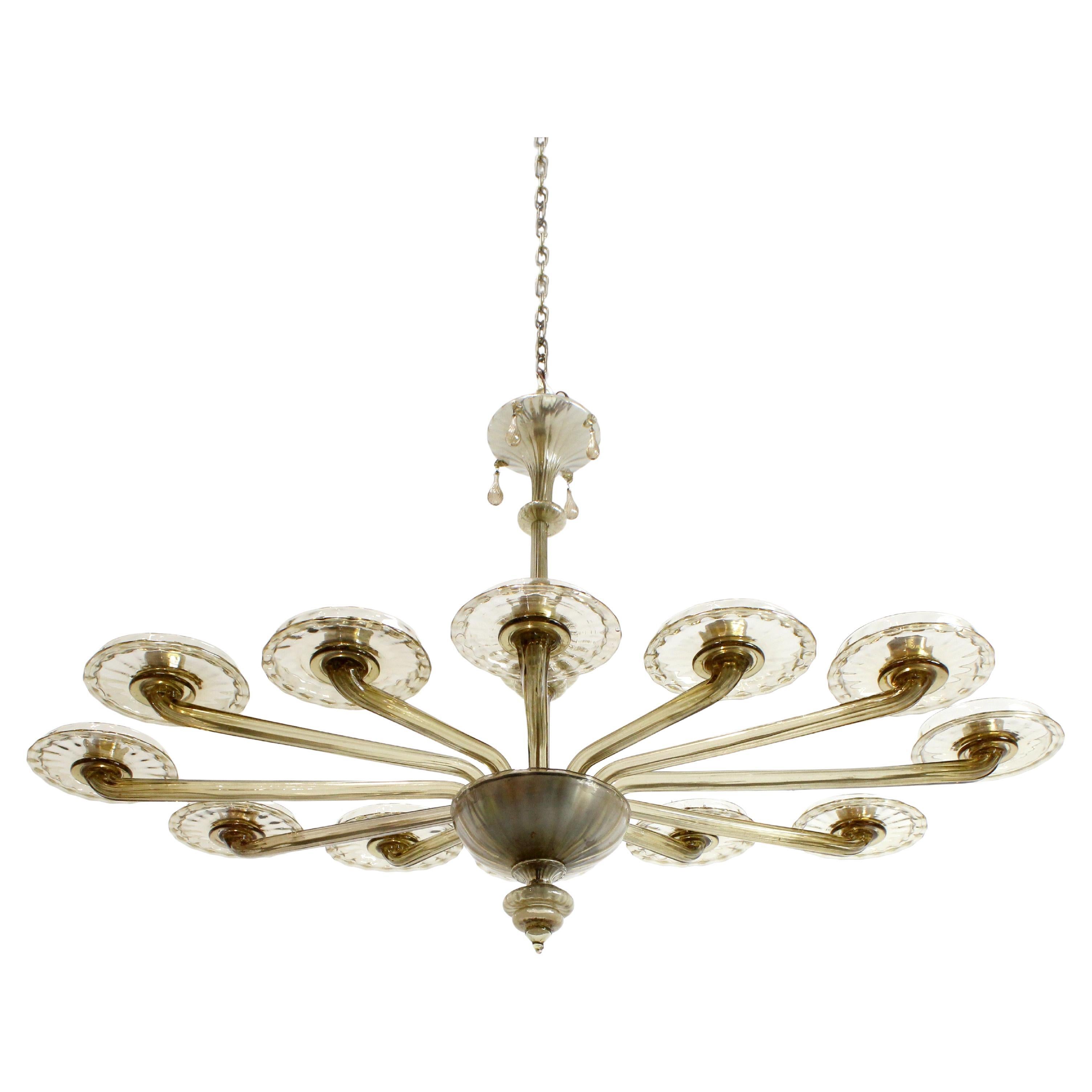 Model No. 2040" Lampe aus geblasenem Glas mit 12 ovalen Armen, bernsteingrün -Murano