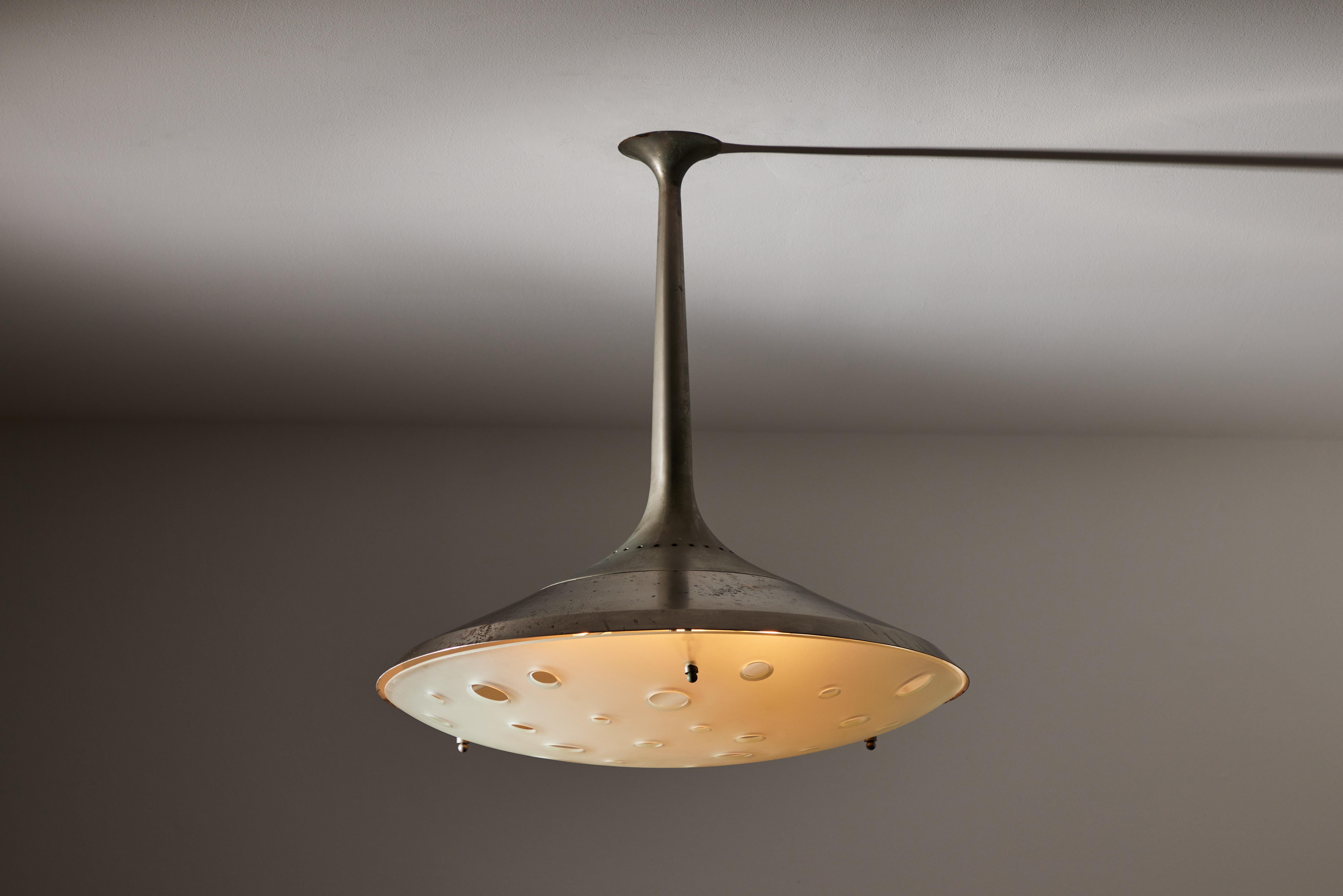 Model 2054 ceiling light by Max Ingrand for Fontana Arte. Designed and manufactured in Italy, 1956. Nickel-plated brass, curved, satin and ground crystal. Rewired for U.S. standards. We recommend six E27 25w maximum bulbs. Bulbs provided as a one