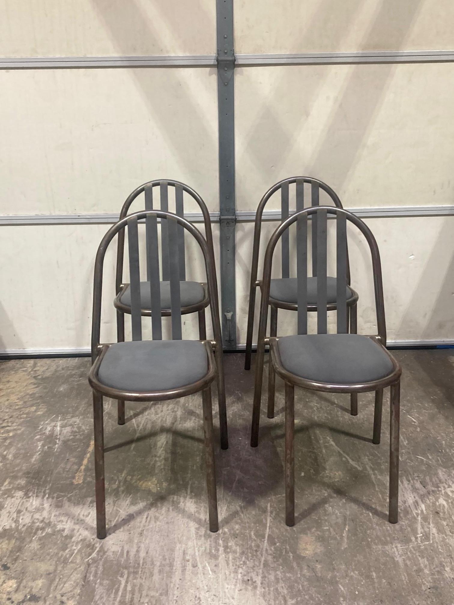 Original ART DECO Model 222 Stacking Chairs (Set of 4)
Robert Mallet Stevens (French)
Design: 1928 (circa: 1940’s/early 1950’s) 
Lacquered raw steel w/ French Chambray upholstery 
Some mottled tarnishing under the lacquer creates amazing Patina /