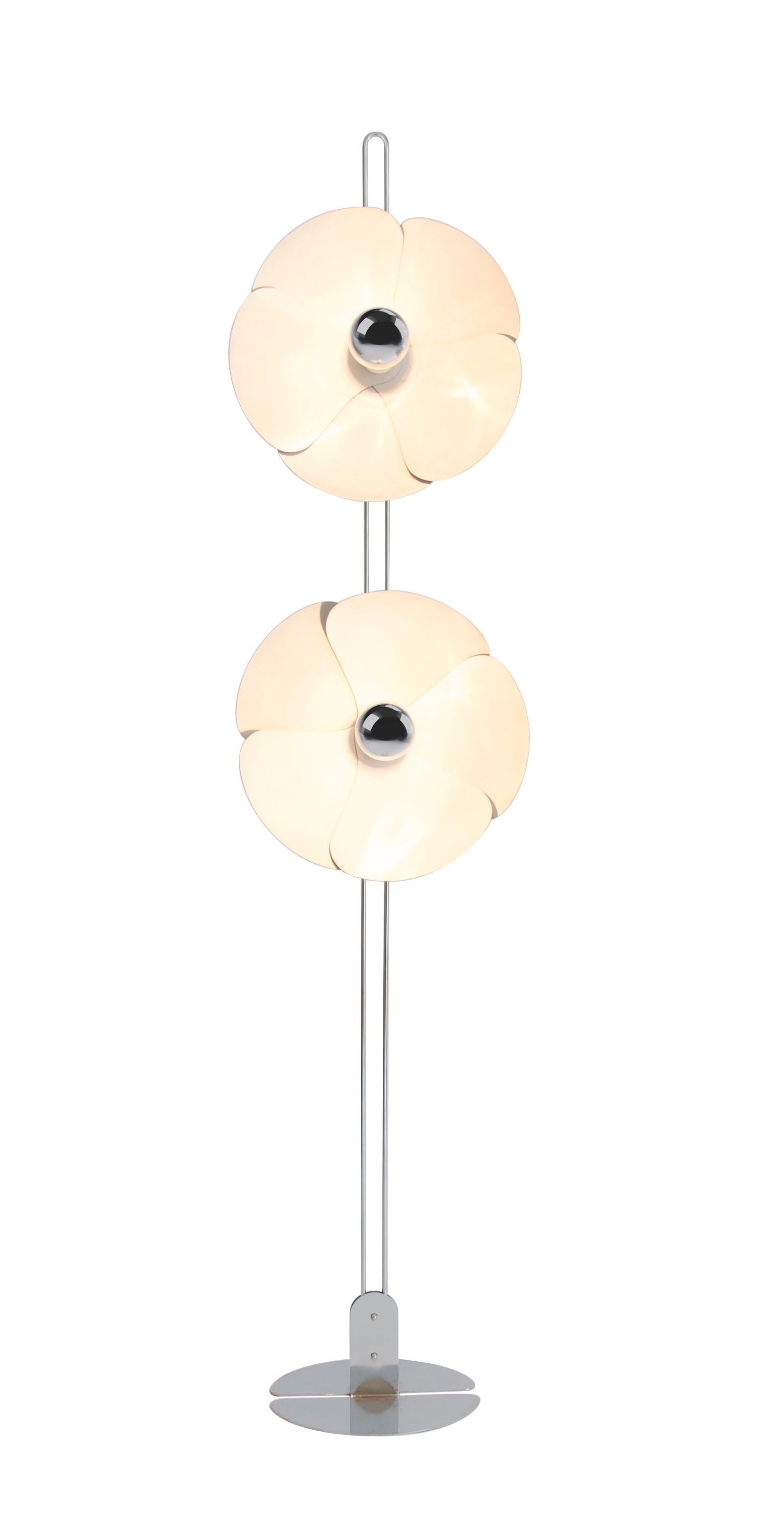 Model 293-150 floor lamp by Oliver Mourgue for Disderot. This is a current production, designed and manufactured in France. In 1967, Olivier Mourgue invented a flower shaped lighting device, made of aluminum petals fixed on two chromed metal wires,