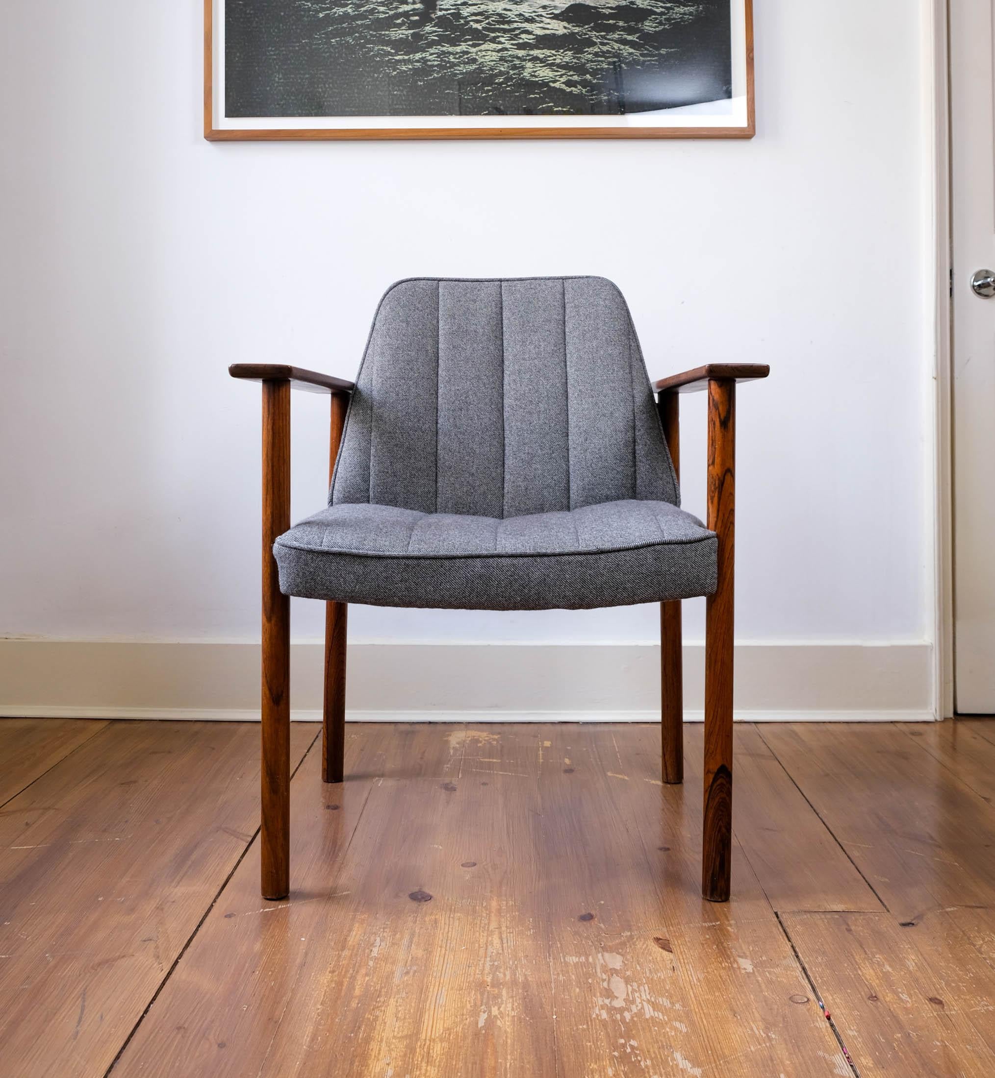 For sale a stunning, rare and very stylish Model 3001 Rosewood armchair designed by Sven Ivar Dysthe For Dokka Møbler of Norway, circa 1960s.

The Brazilian Rosewood frame has a beautiful grain & depth and the chair has been recently upholstered