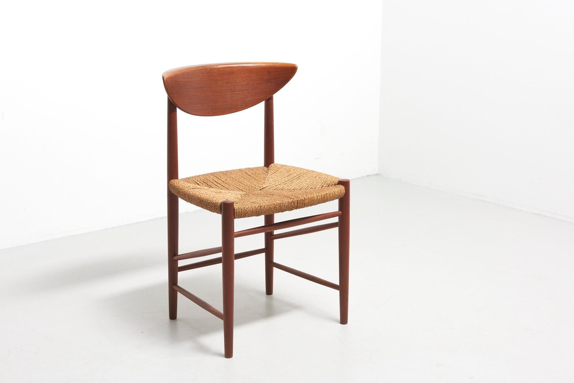 Model 316 is designed by Peter Hvidt & Orla Mølgaard-Nielsen for the Søborg Møbelfabrik in Denmark in the 1950s. The chair features a folded backrest, carefully made wood joints, sloping trusses and a paper cord seat.