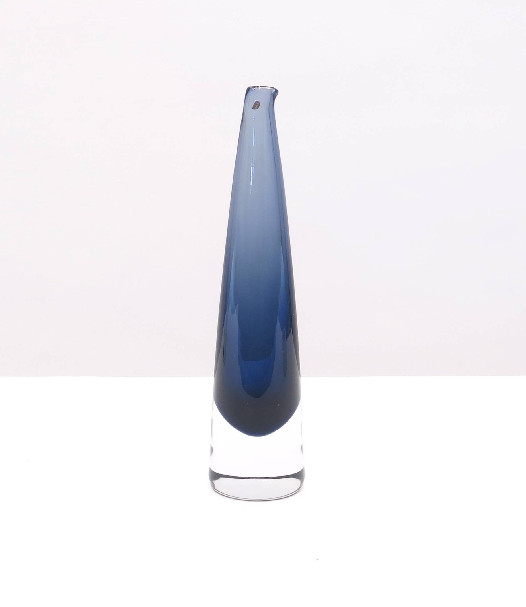 Small blue glass carafe, model 3288, was designed by Timo Sarpaneva for Iittala in the 1950s. Its also called 