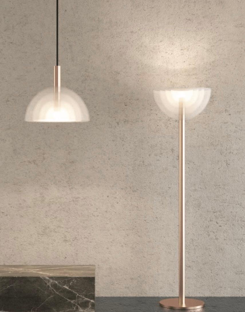 Model 338 Suspension Light by Carlo Nason for Mazzega. Originally designed in 1967. Current production by Mazzega designed and manufactured in Italy. Brushed copper, polished bronze. Hand blown crystal glass. Wired for U.S. standards. Four semi