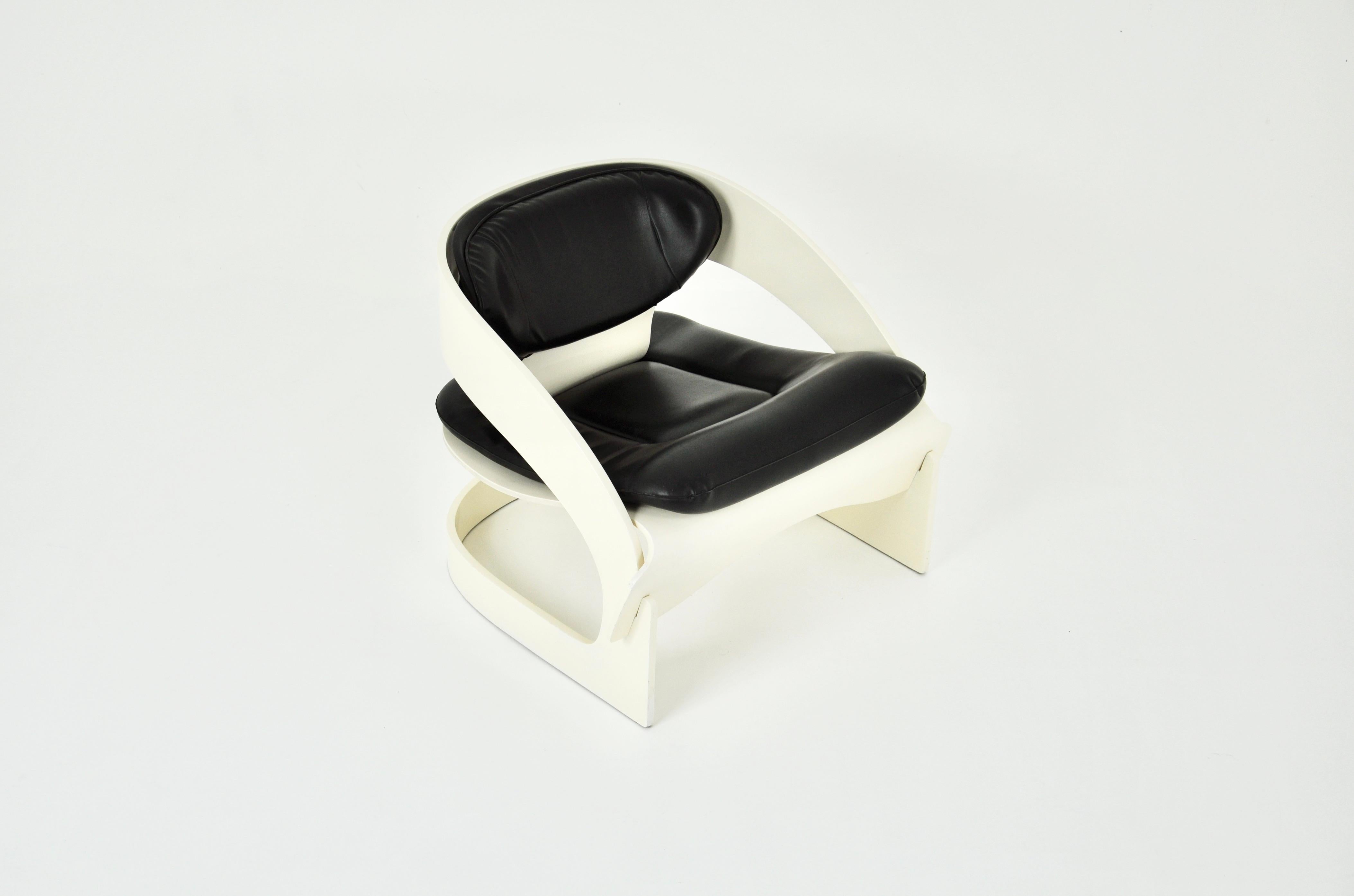 White wooden armchair with black leather cushion. Made in limited numbers: Numbered 8. Seat height 40cm. Wear due to age and time
