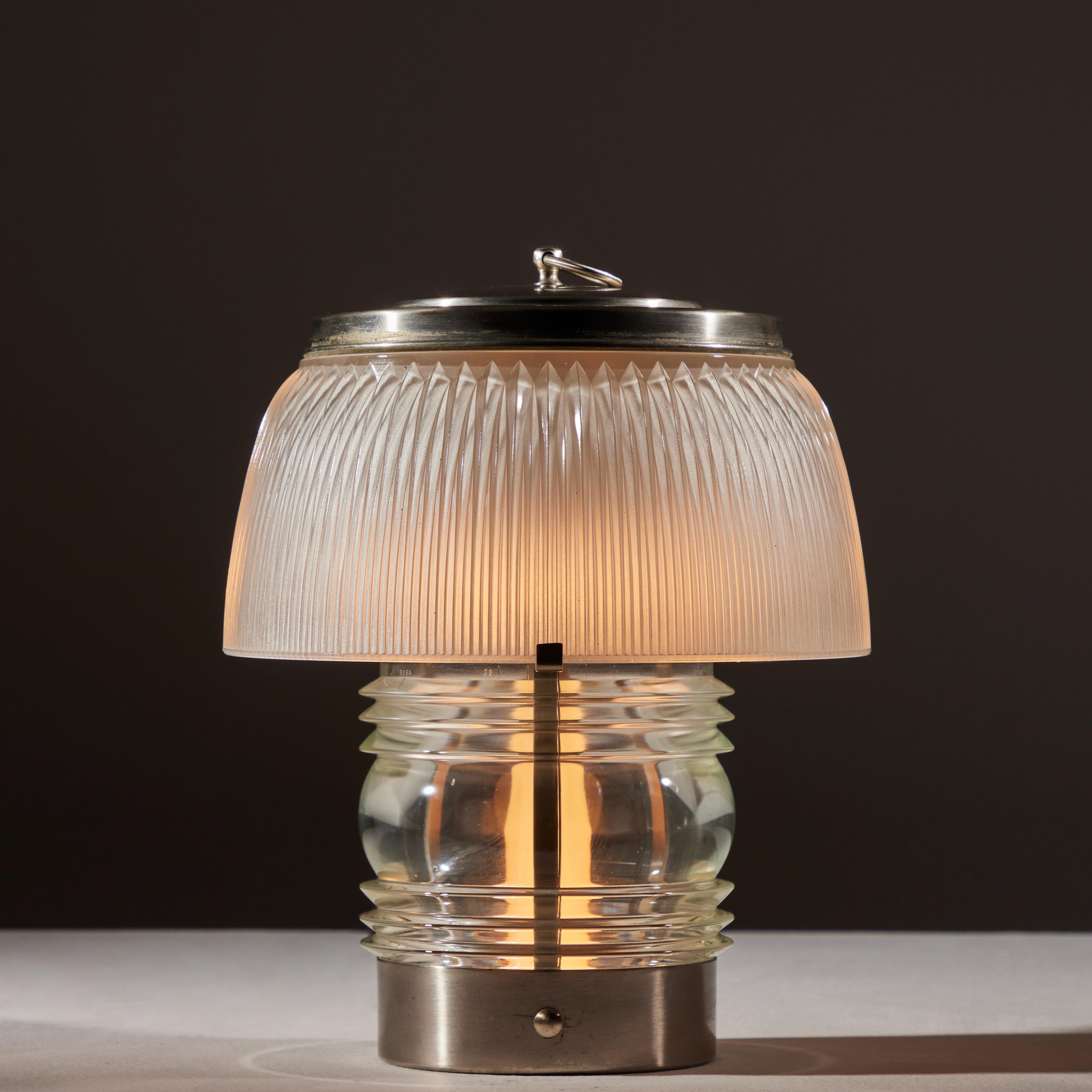 Model 528/GP Table Lamp by Gino Sarfatti for Arteluce. Designed and manufactured in Italy, 1955. Glass, nickel plated brass. Original 
EU cord. We recommend two E14 60w maximum bulbs. Bulbs not included.