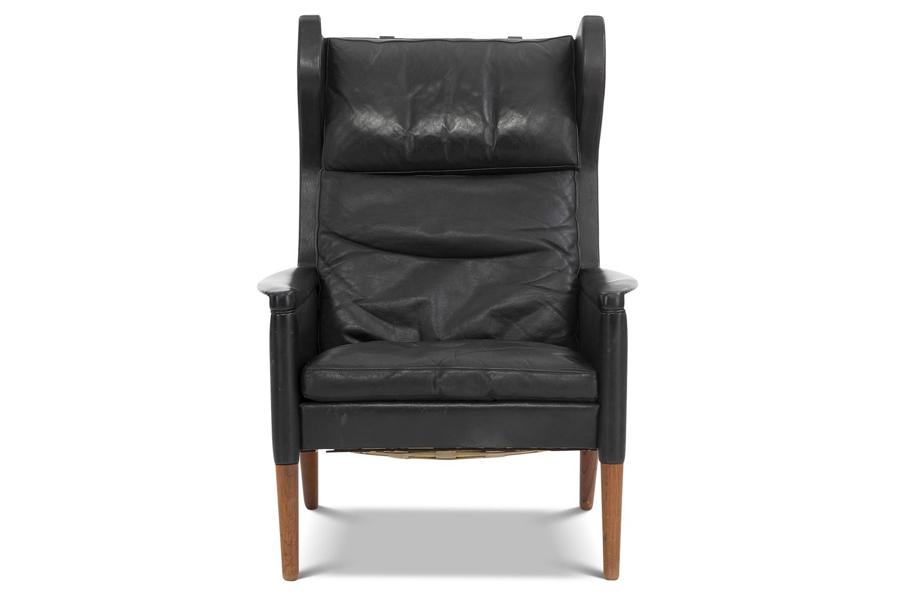 Mid-Century Modern Model 55 High Wingback Chair in Black Leather by Kurt Østervig