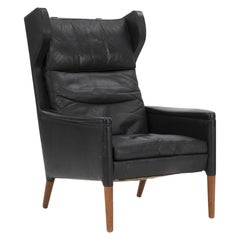 Model 55 High Wingback Chair in Black Leather by Kurt Østervig