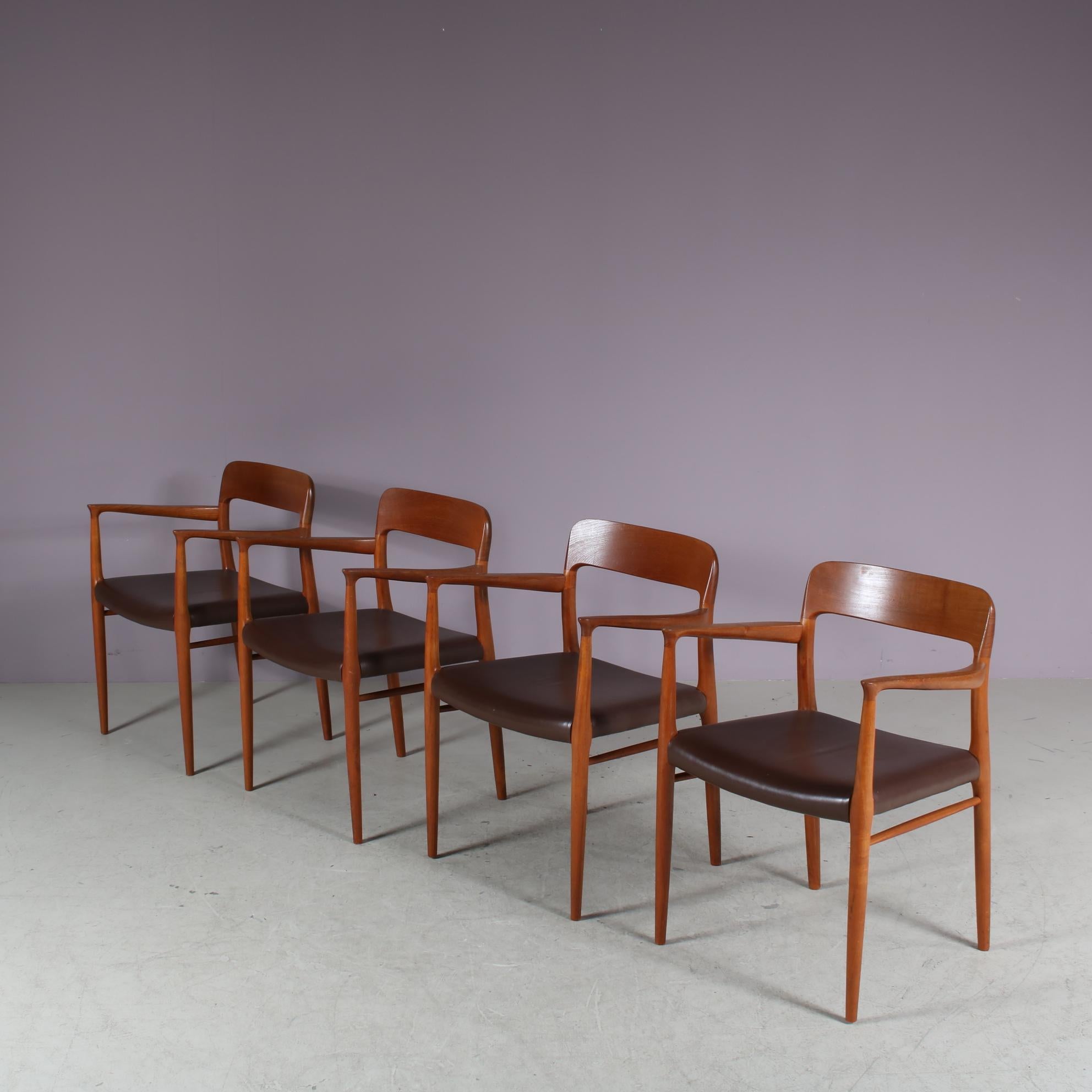 

A beautiful seat of four armchairs, model 56, designed by Niels Otto Moller and manufactured by Moller in Denmark around 1960.

These elegant dining chairs are made of high quality teak wood in a wonderful warm brown colour. The seats are