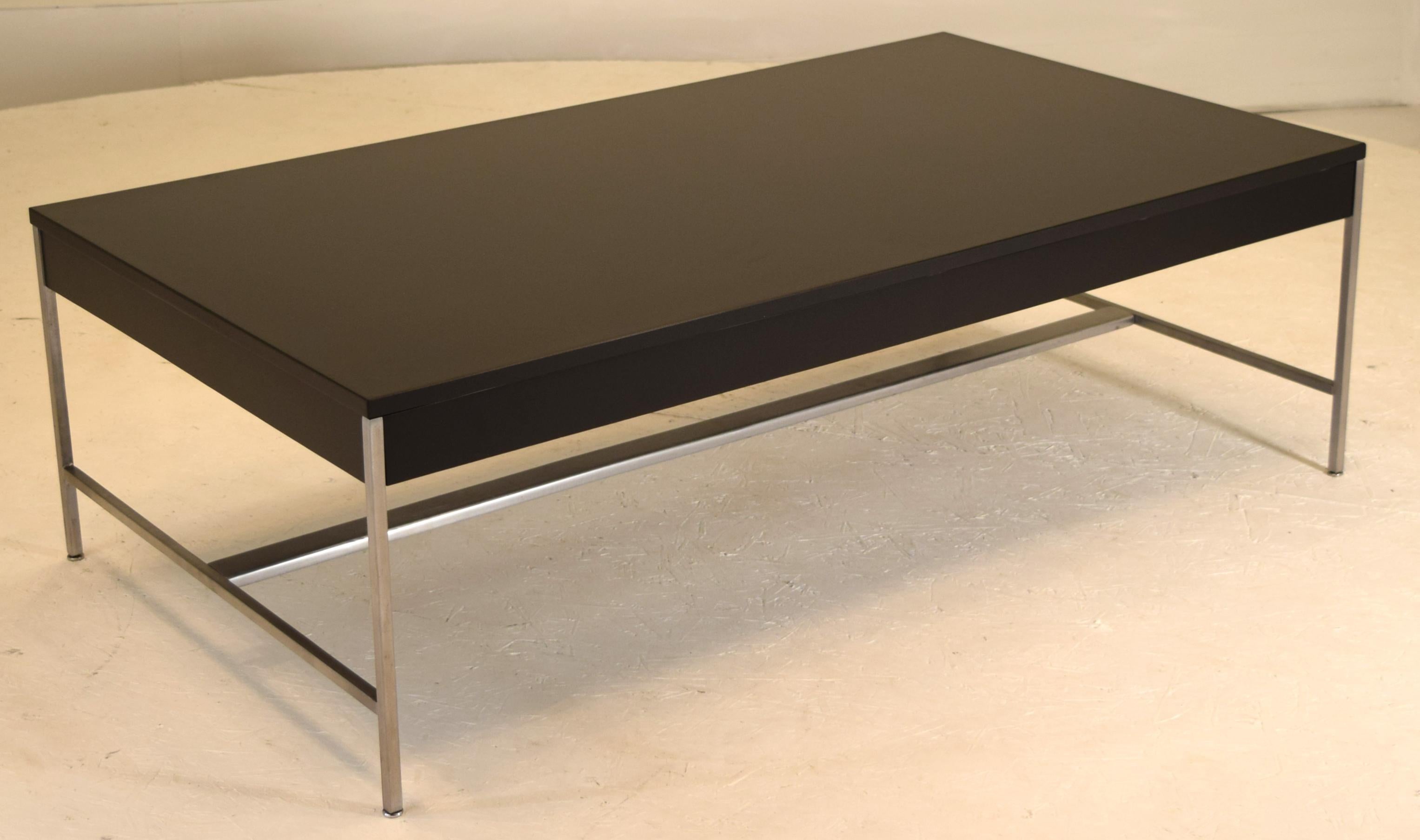 George Nelson for Herman Miller thin edge model 5751 produced, circa 1960. Frame is polished steel coffee table. Tops and sides have been coated in black satin lacquer specifically designed to not be harmed by alcohol, water, hot or cold beverages.