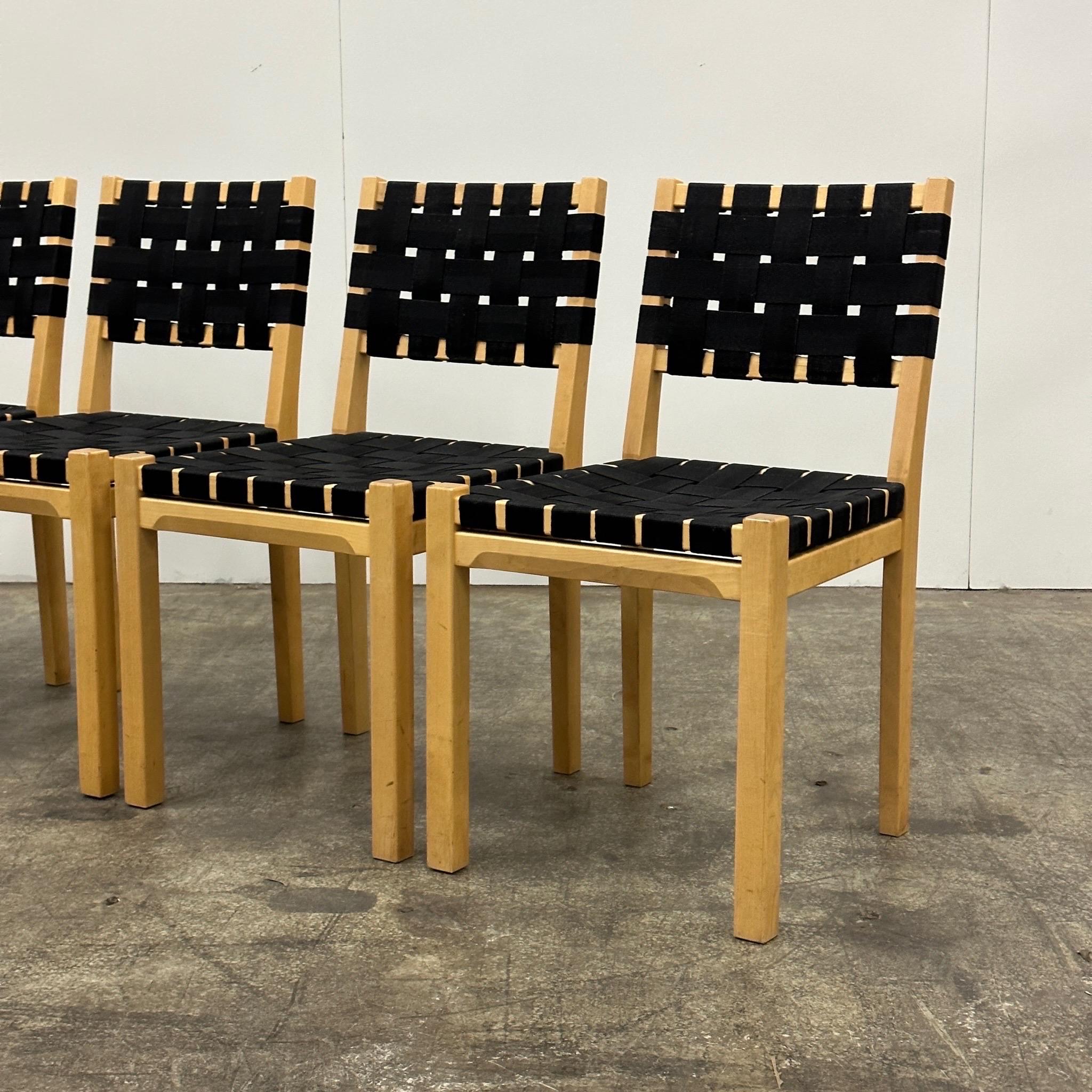 c. 1960s. Price is for the set. Contact us if you'd like to purchase a single item. Rare dining/side chairs made of linen and birch. Made in Finland. Stamped Artek.
