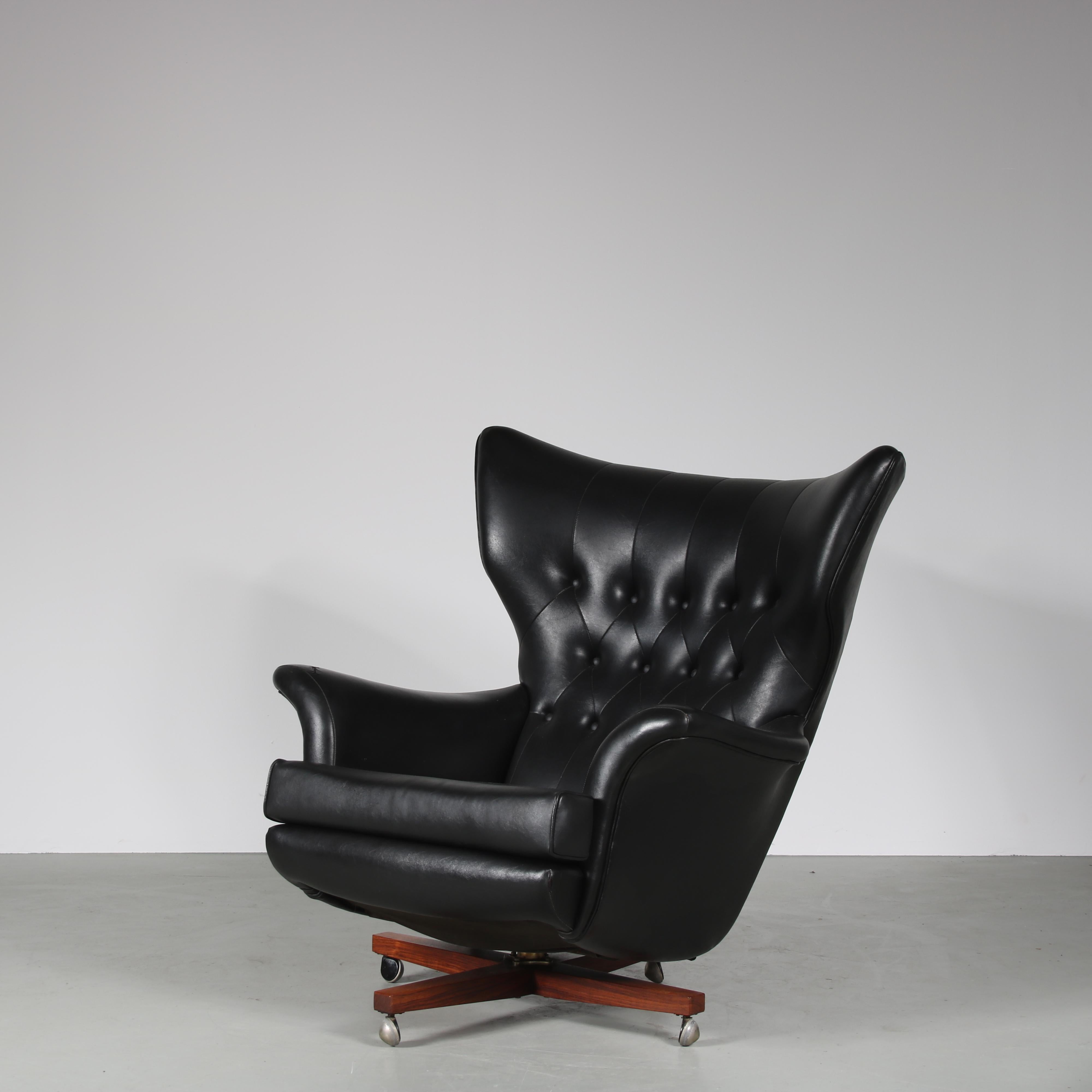 This is an eye-catching and iconic lounge chair, the model 6250 “Villain Chair” manufactured by G-Plan in the United Kingdom around 1960.

Possibly one of the most famous chairs ever to be captured on celluloid, supervillain Blofeld’s chair in the