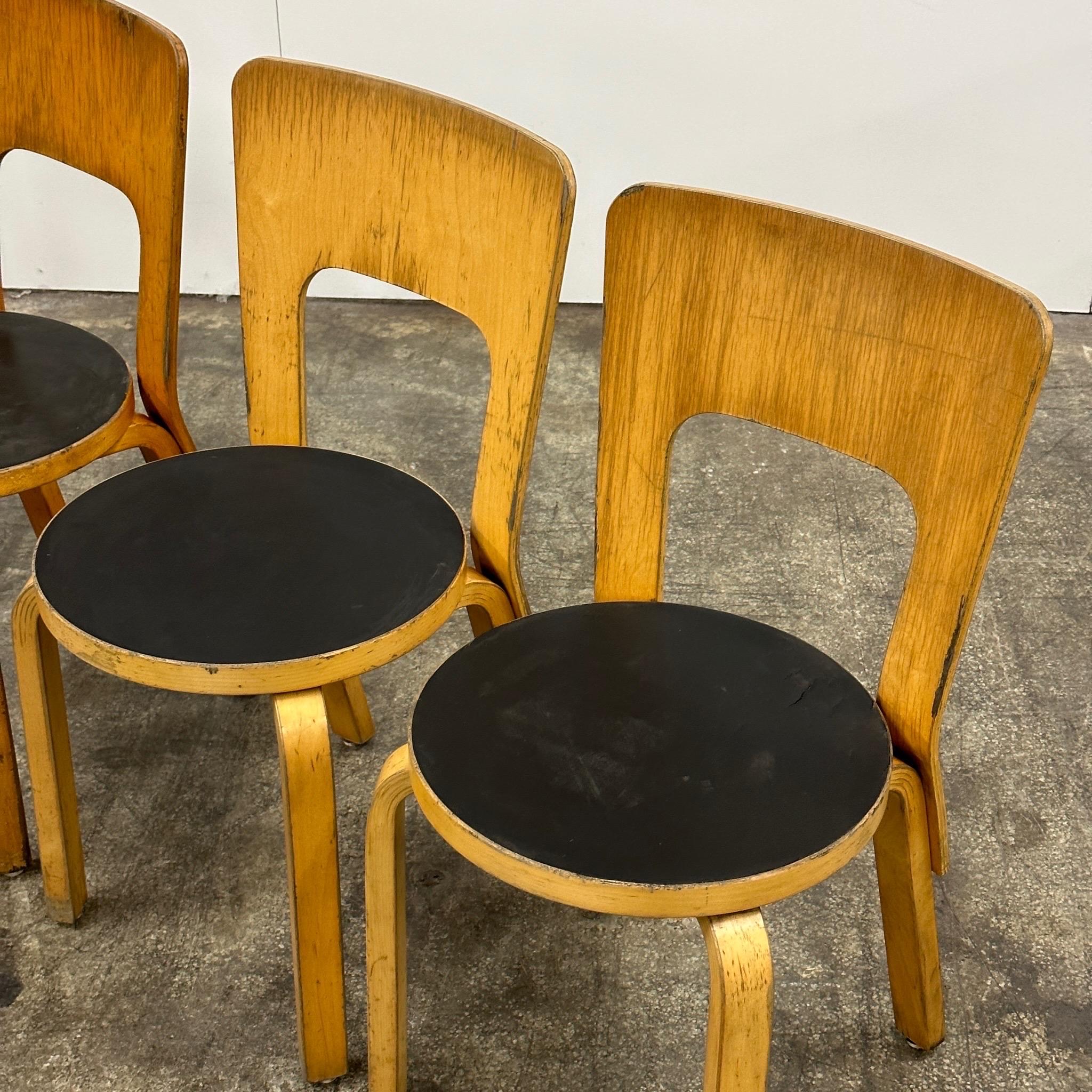 c. 1970s. Price is for the set. Contact us if you’d like to purchase a single item. We have many others available in variable conditions for various prices. Set of four iconic chairs imported by ICF in the 1970s from Finland. Linoleum seats with
