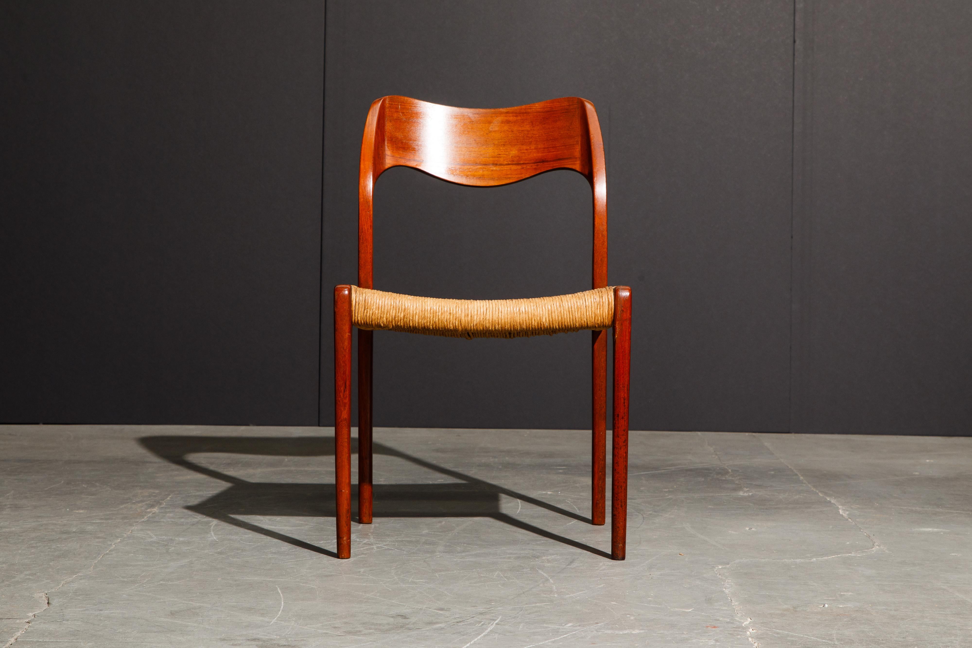 This classic Danish Modern teak side chair is the 'Model 71' designed by Niels O. Møller for J.L. Møllers Møbelfabrik. The teak frame, curved back rest, and original woven cord is striking and stands strong on its own, and also pairs well with other