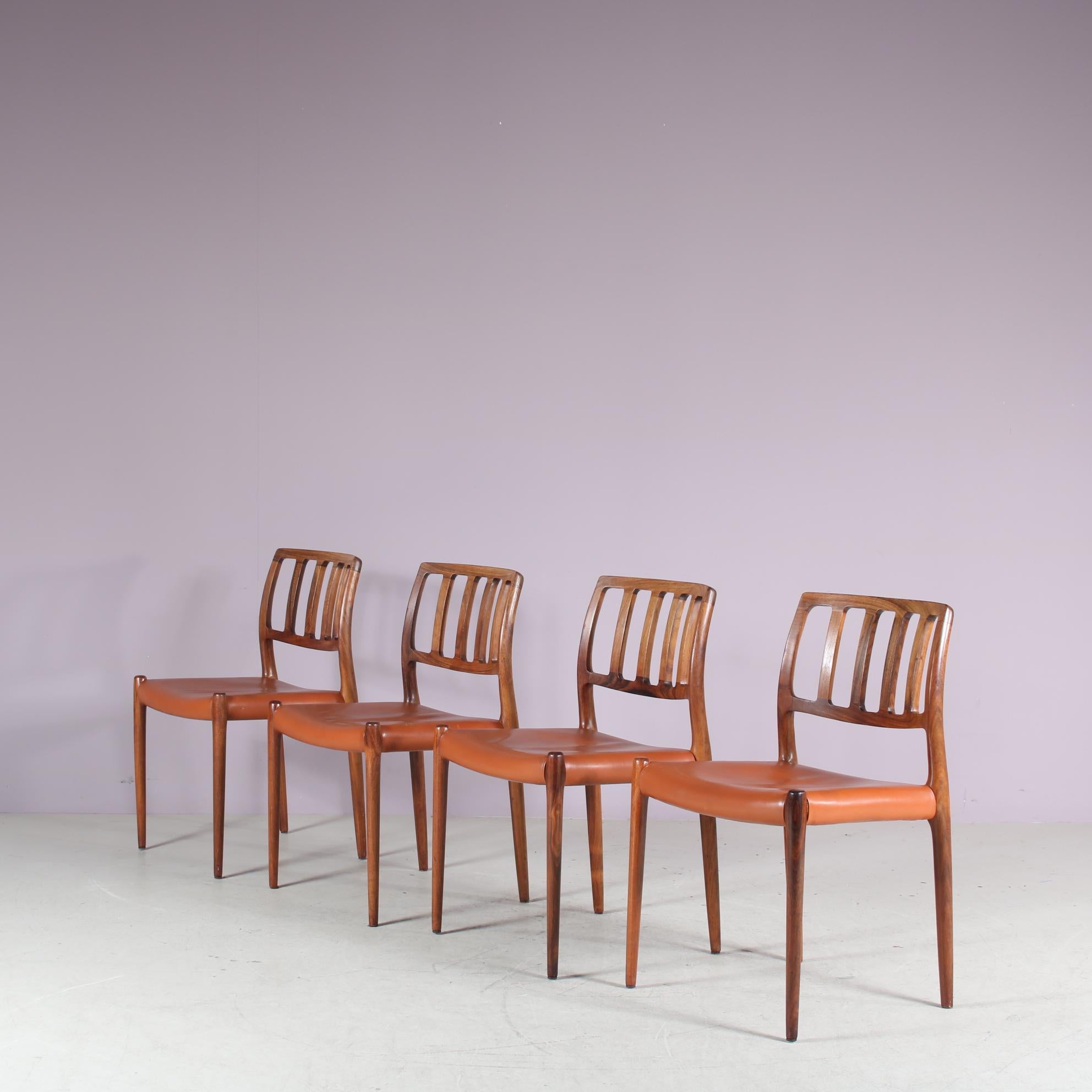 

A beautiful seat of four armchairs, model 83, designed by Niels Otto Moller and manufactured by Moller in Denmark around 1960.

These elegant dining chairs are made of high quality rosewood in a fantastic warm brown colour. The seats are
