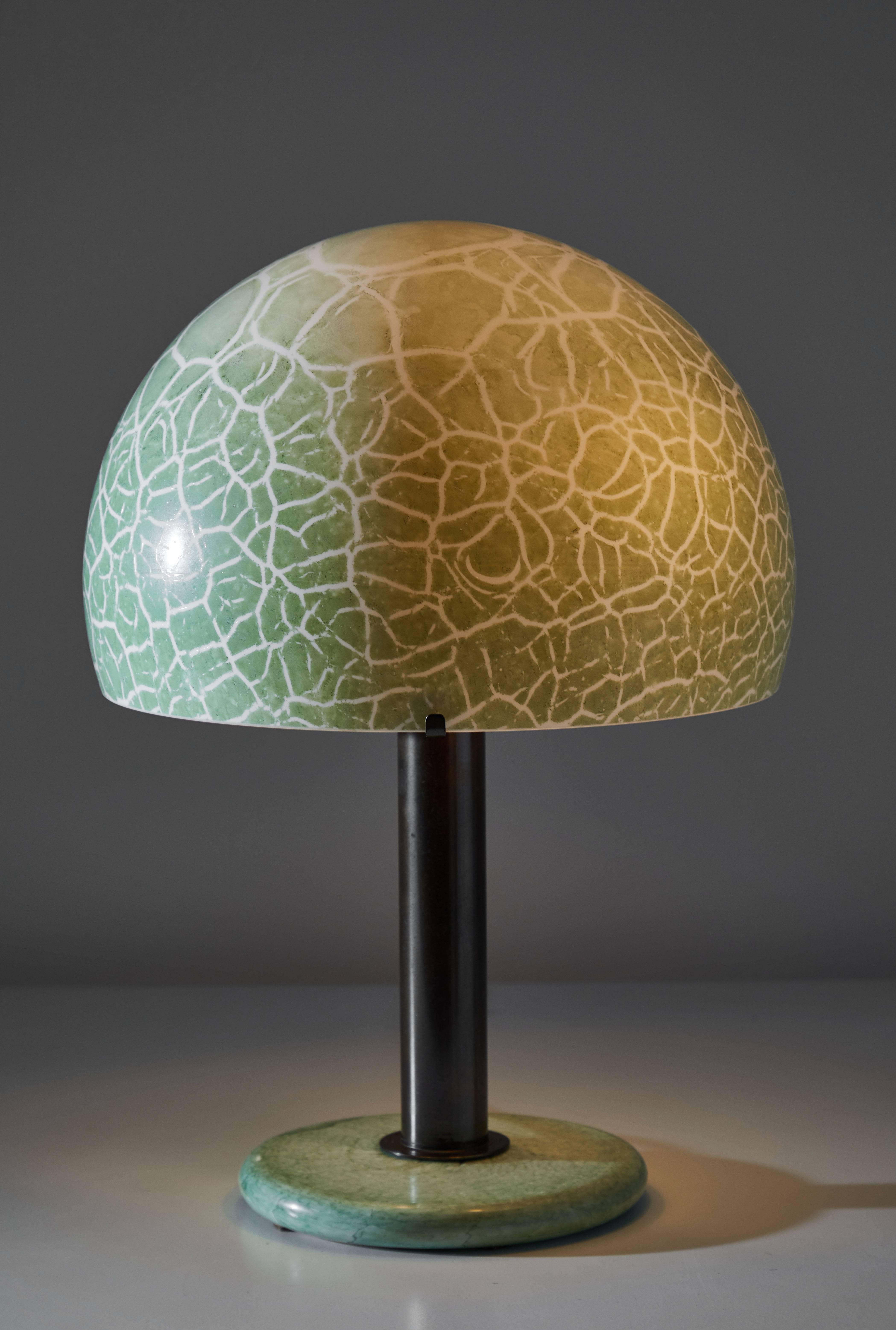 Model 832 table lamp by Venini. Manufactured in Italy, circa 1960s. Alabastro glass shade and base, bronzed metal stem. Takes one E27 100w. Literature: Franco Deboni, Venini Glass vol 1. Turin, 2007 p. 247.