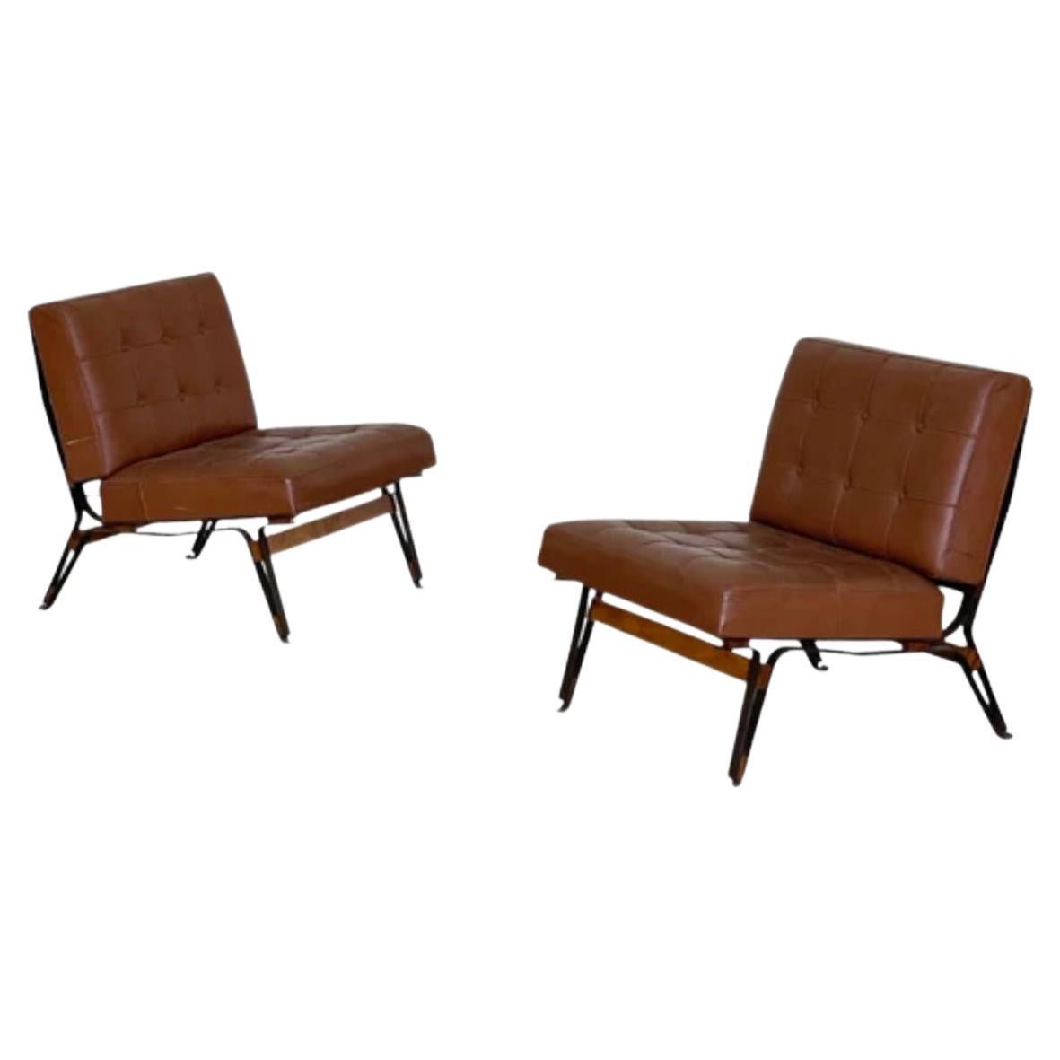 Model 856 Rare Pair of Matched Leather Lounge Chairs by Ico Parisi, 1950s For Sale