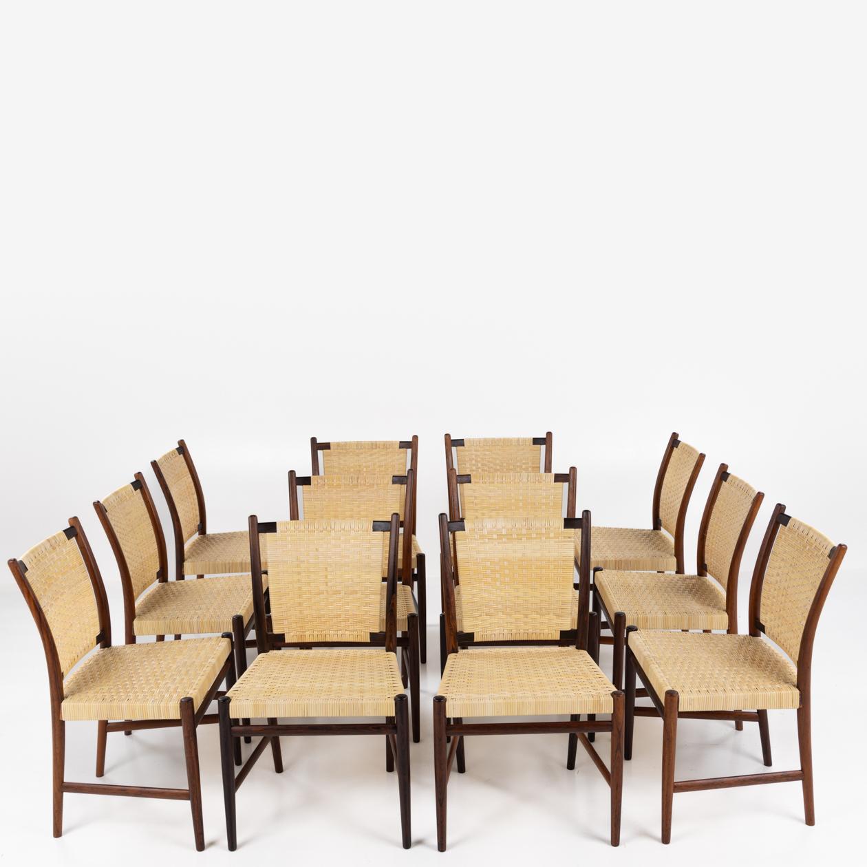 Model A-49 - Set of 12 dining chairs in rosewood with new wicker seat and back. Designed in 1956 by Jacob Kjær.