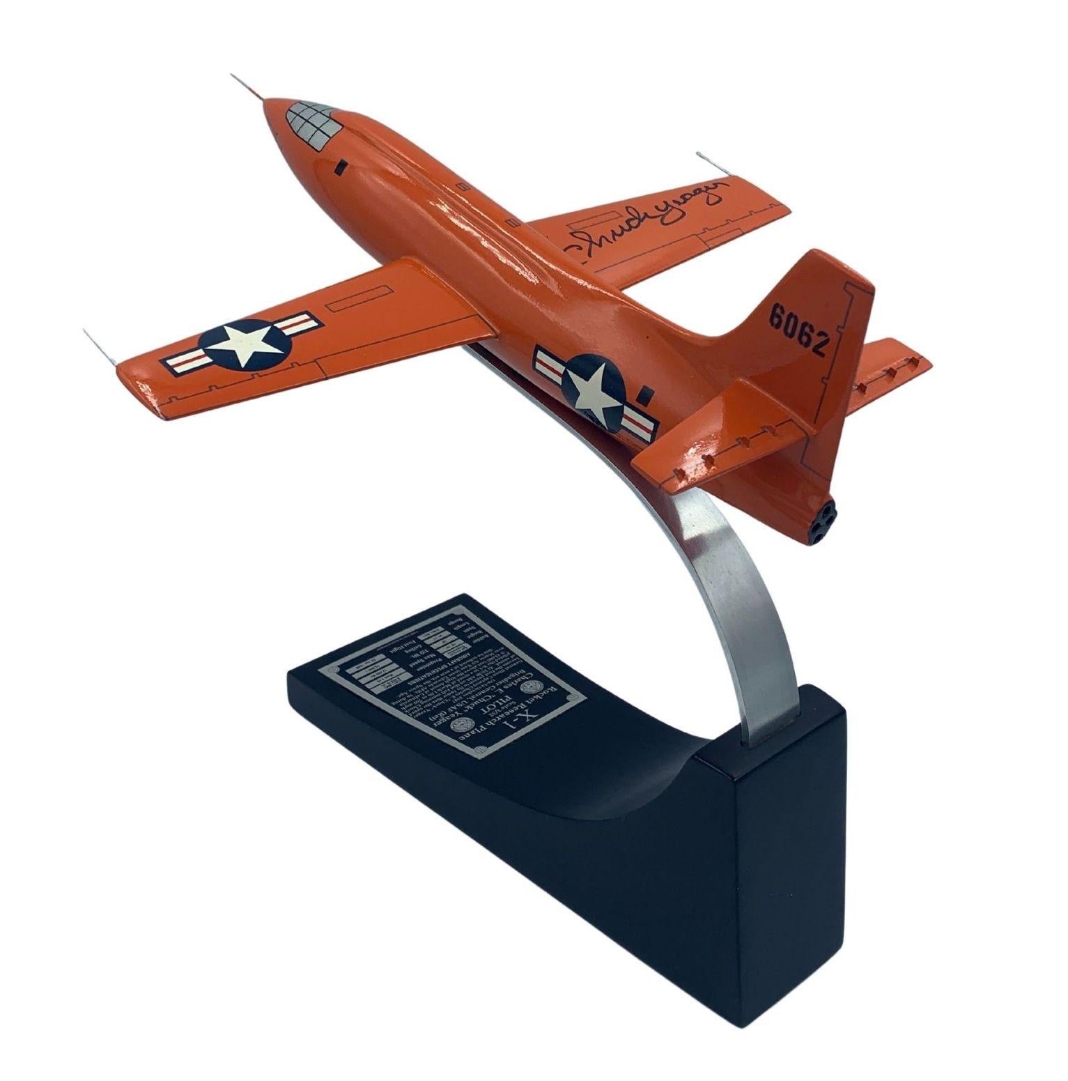 This is a highly collectable Bell X-1 Rocket Research Plane model, signed by the famous pilot Charles “Chuck” Yeager. On October 14, 1947, Air Force Captain Charles E. Yeager flew this experimental Bell X-1 on the first flight faster than the speed