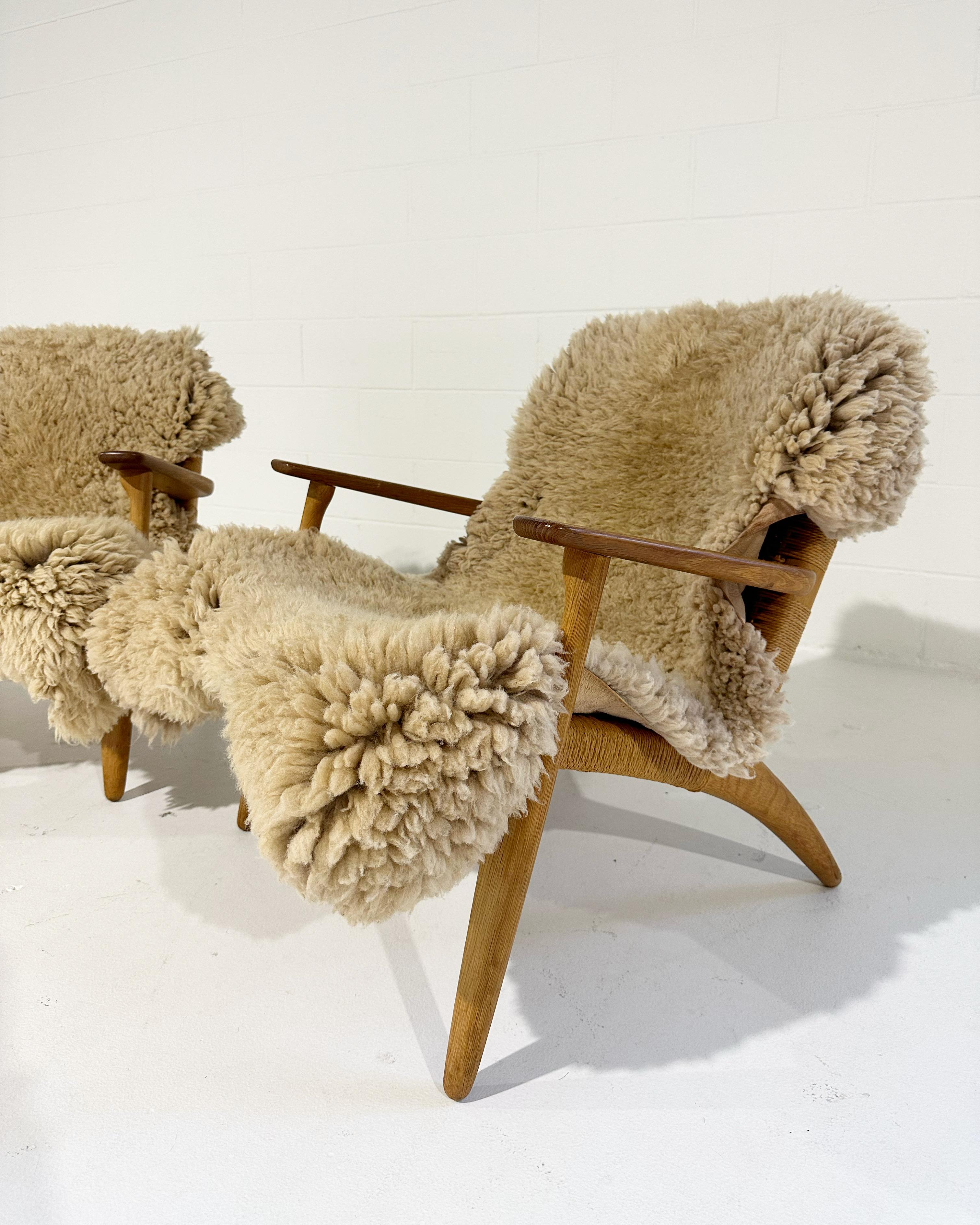 Danish Model CH25 Chairs with California Sheepskins, Pair