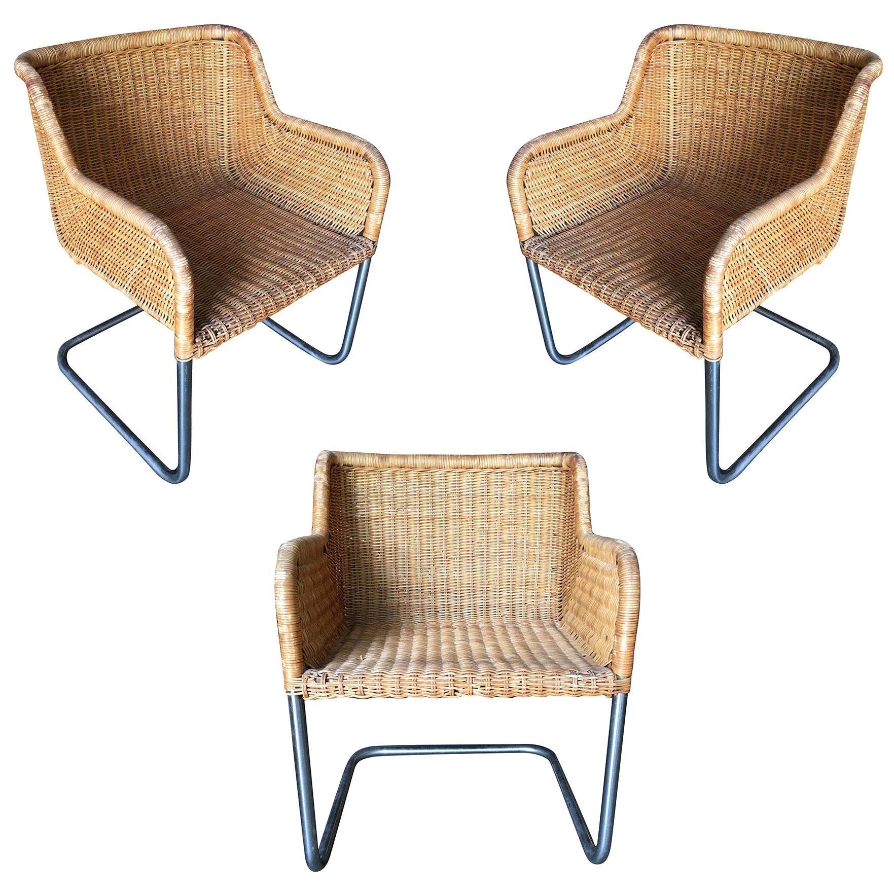 Model D43 Wicker and Chrome Chairs by Harvey Probber, Set of Three