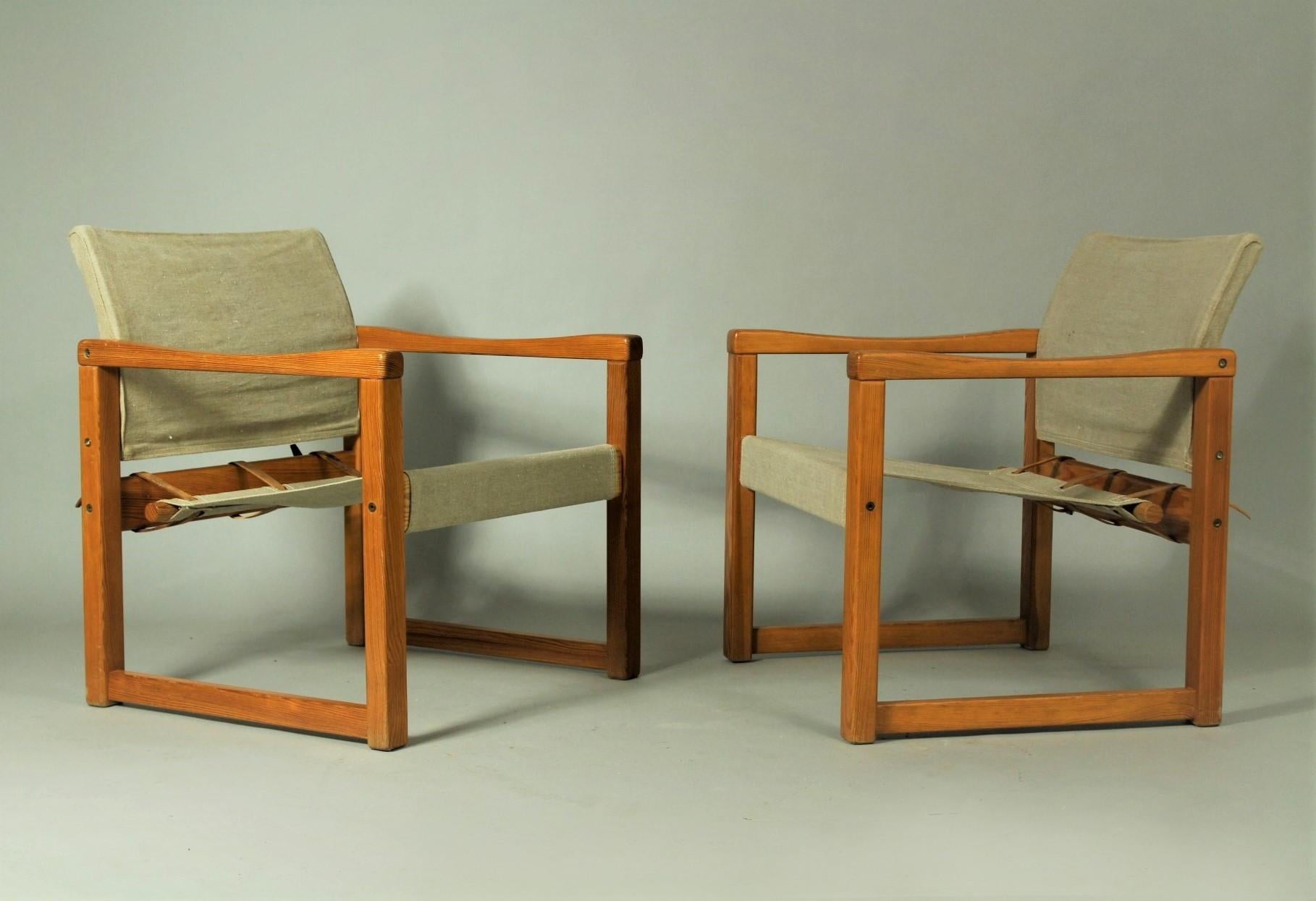 Pair of armchairs – model Diana designed by Karin Mobring, 1974. Produced by Ikea in Sweden. The frame is made in lacquered pine, and the upholstery is made in canvas. They are in good vintage condition.