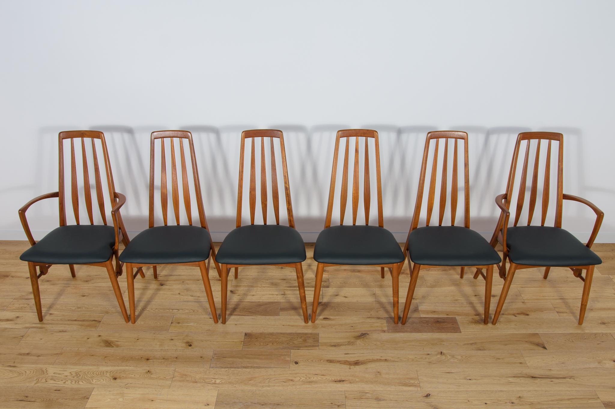 Dieses Set besteht aus vier Stühlen und zwei Sesseln. Der Eva-Stuhl wurde 1964 von Niels Koefoed entworfen und von Koefoeds Hornslet in Dänemark hergestellt. Die Rahmen sind aus massivem Teakholz gefertigt. Teakholz-Elemente von der alten Oberfläche