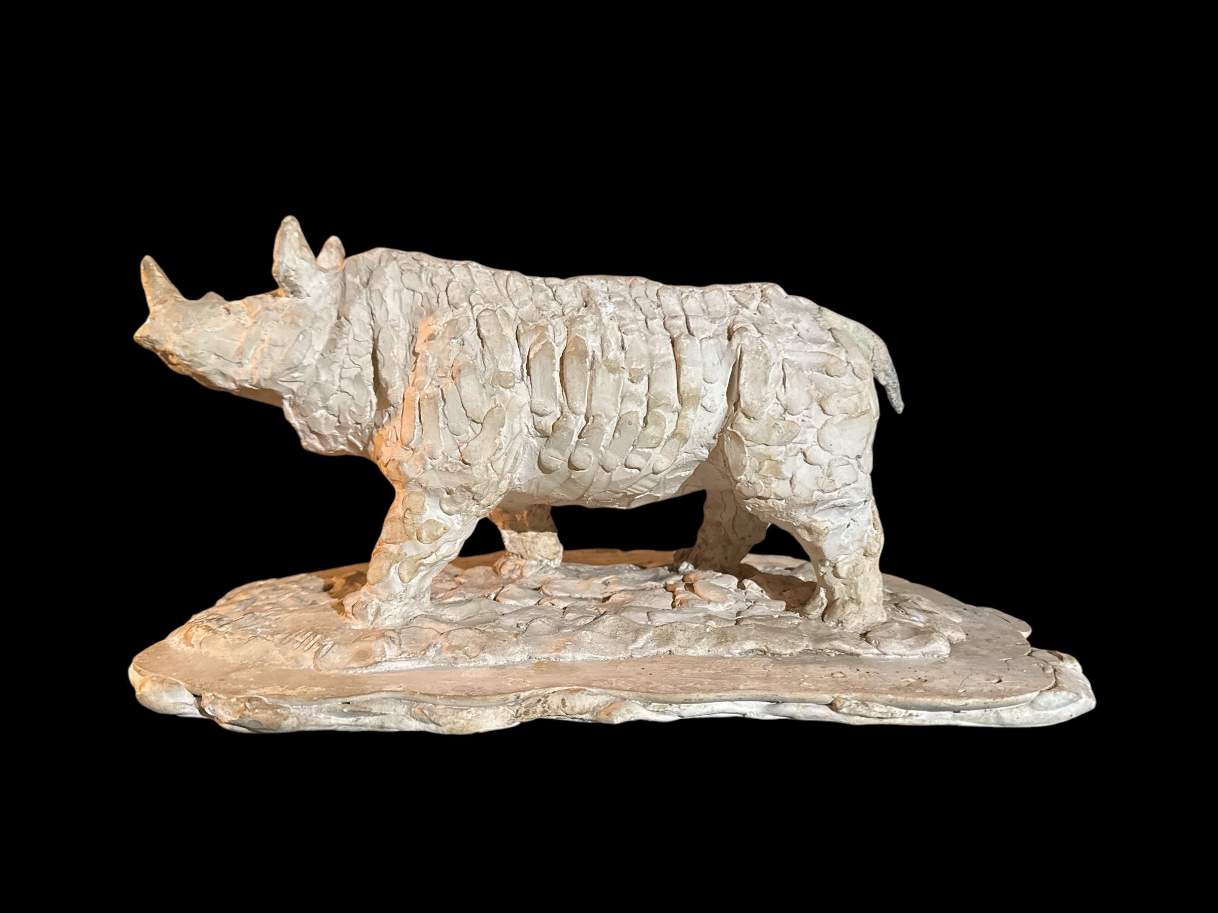 A model in plaster of a rhinoceros by the Dutch sulptor. Han Rehm ( signed). Probably a study for a later sculpture in bronze.