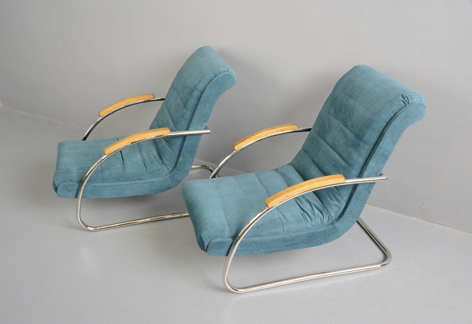 Model K32 Bauhaus armchairs by Robert Slezak, Circa 1930s

- All prices inc UK shipping
- Cantilever chrome frames
- Velvet upholstery
- Sprung seats 
- Made by Robert Slezak 
- Model K32
- Czech, 1930s
- Measures: 60cm wide x 100cm deep x