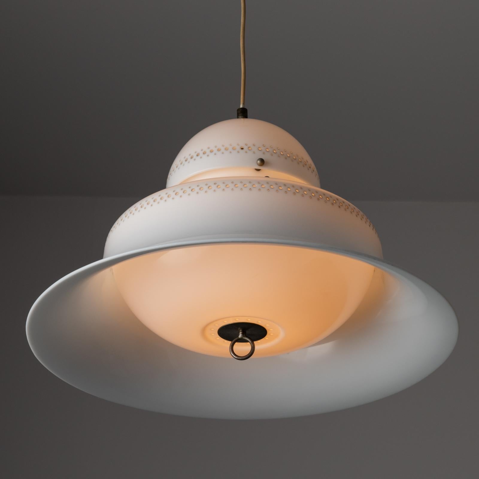 Model KD14 Ceiling Light by Sergio Asti for Kartell. Designed and manufactured in Italy, circa 1963. Acrylic suspension lamp with subtle brass detailing, and banding perforations along a curved, tulip-like shade. The lamp holds one E27 bulb socket,