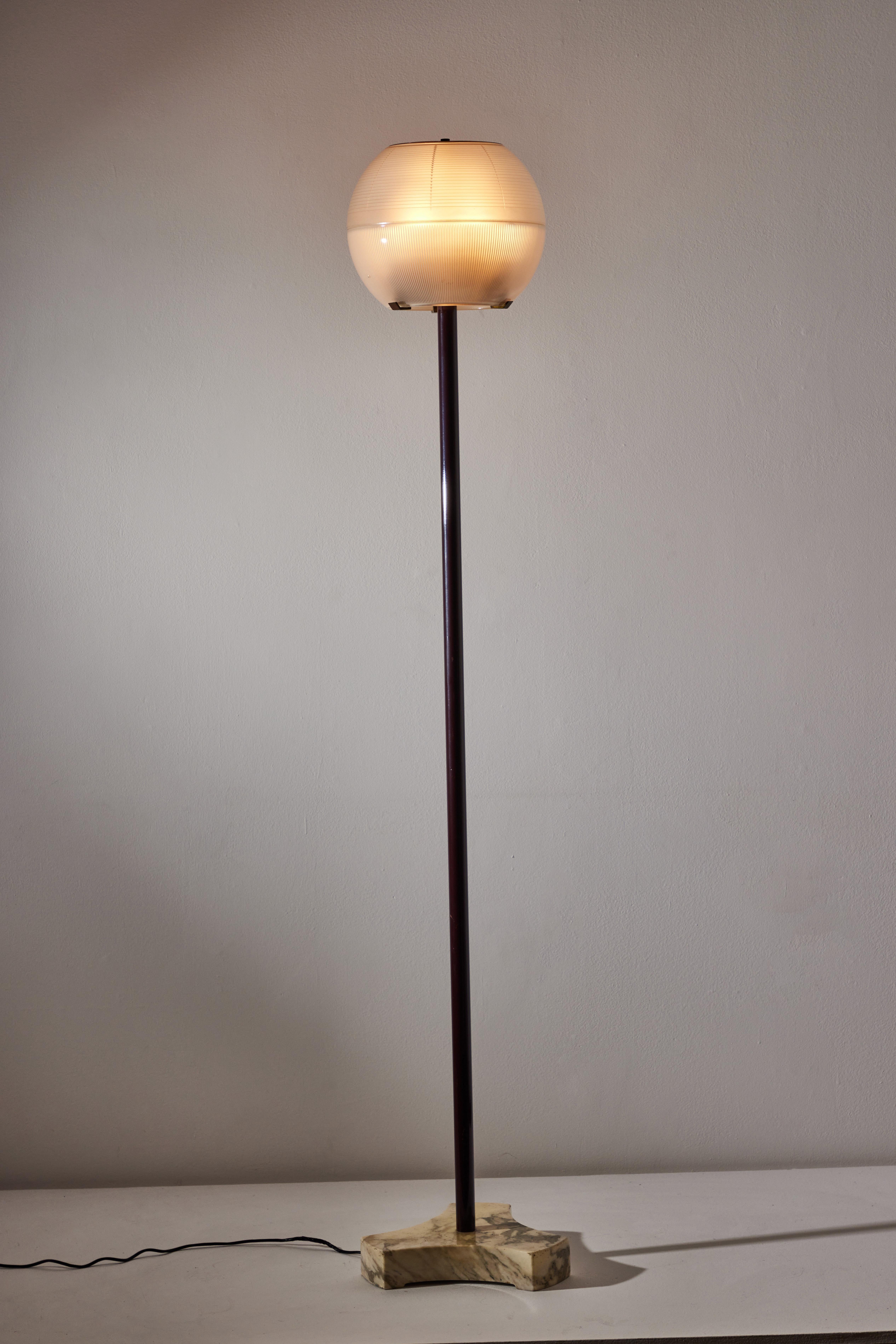Model LTE 8 floor lamp by Ignazio Gardella for Azucena. Designed and manufactured in Italy, circa 1950's. Holophane glass diffuser, brass, marble base. EU plug. Lightbulbs not included. Suggested lamping: 3 Qty 120V E27 45W frosted