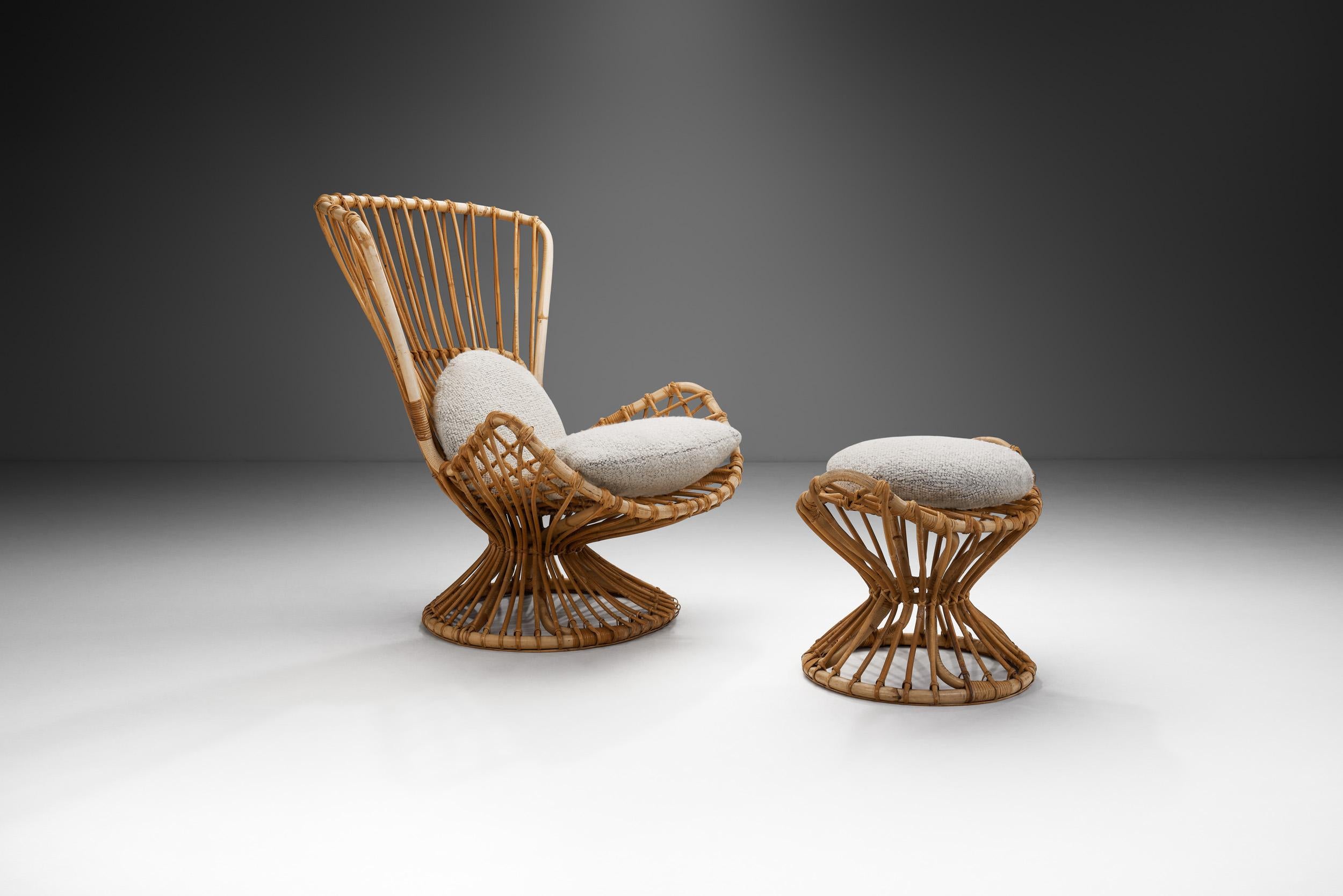 This beautiful and stylish “Model No. 14” lounge chair and footstool set was designed by Fredrik Fogh and Edoardo Bregani and made by the Danish manufacturer Horsnæs. With a wide range of styles, Horsnæs’ collaboration with Fogh and Bregani is a