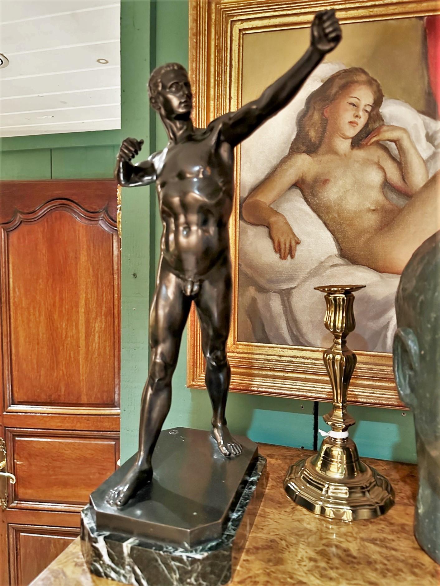 Modelo Arquero Desnudo Escultura Montada Busto Bronce Base Piedra Art Decó Antigüedades CA en venta 13