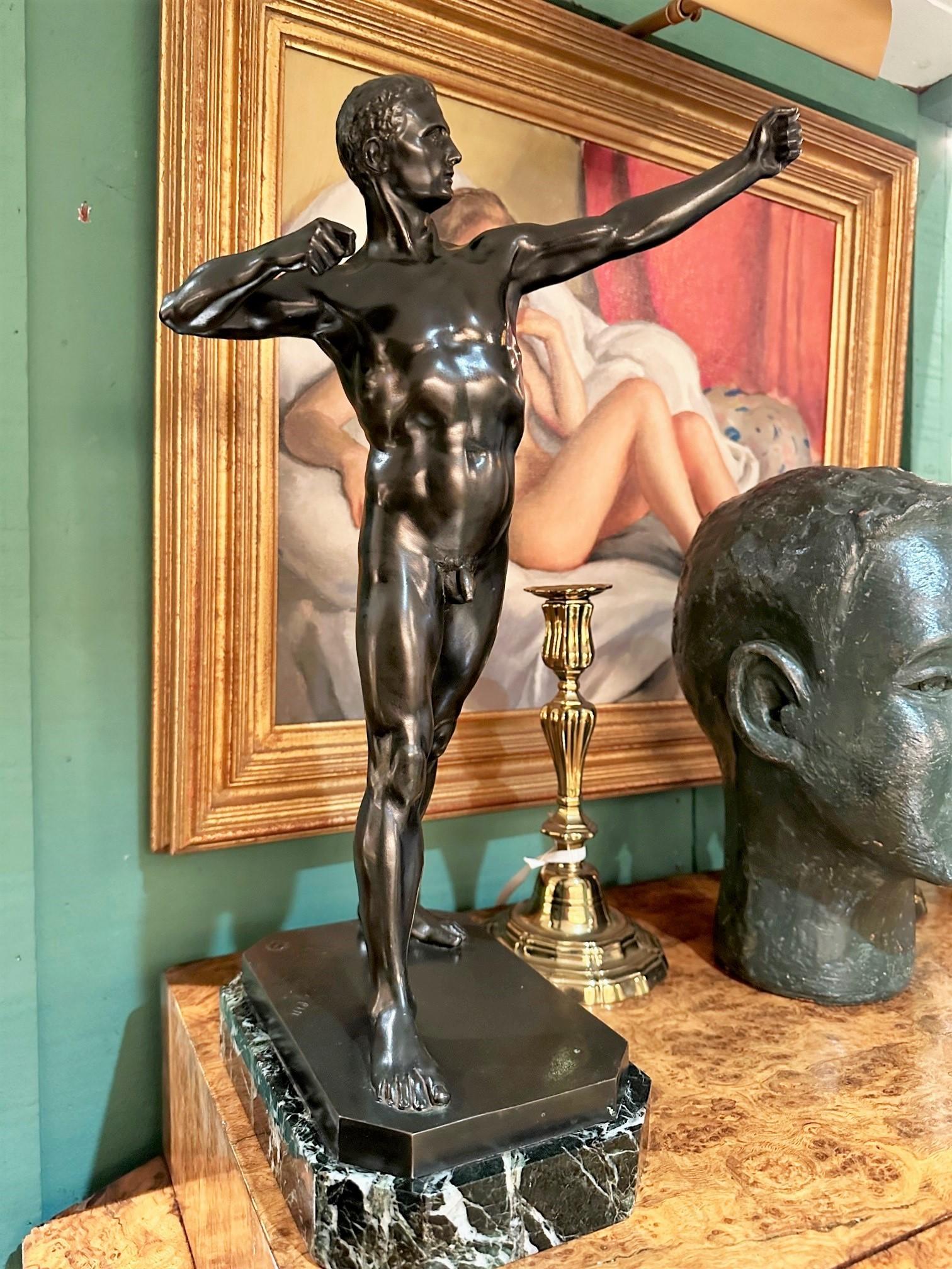 European Model Nude Archer Mounted Sculpture Bust Bronze Stone Base Art Deco Antiques CA For Sale