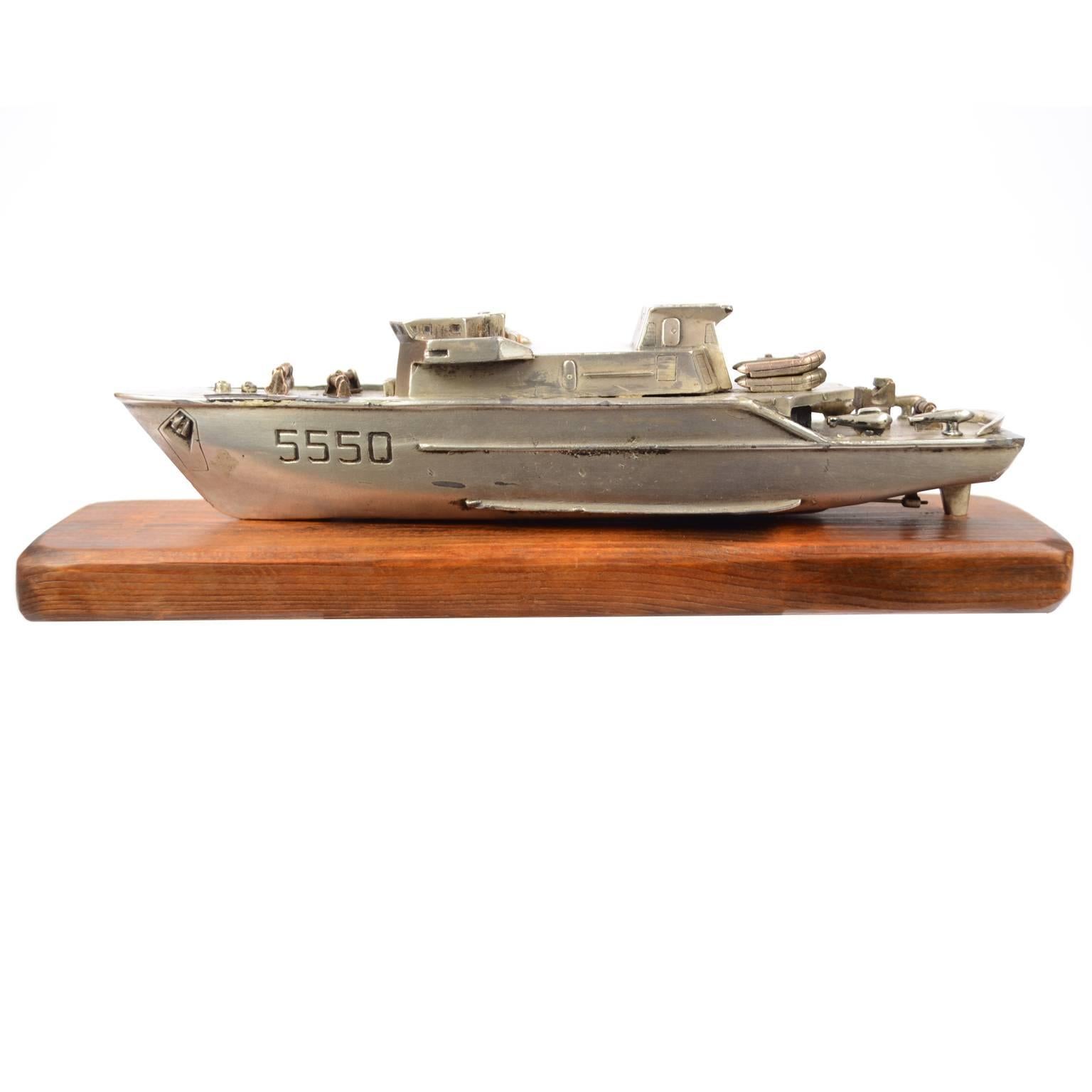 Model of an Italian Navy 5500 Ship, Brass and Wood, 1970s 1